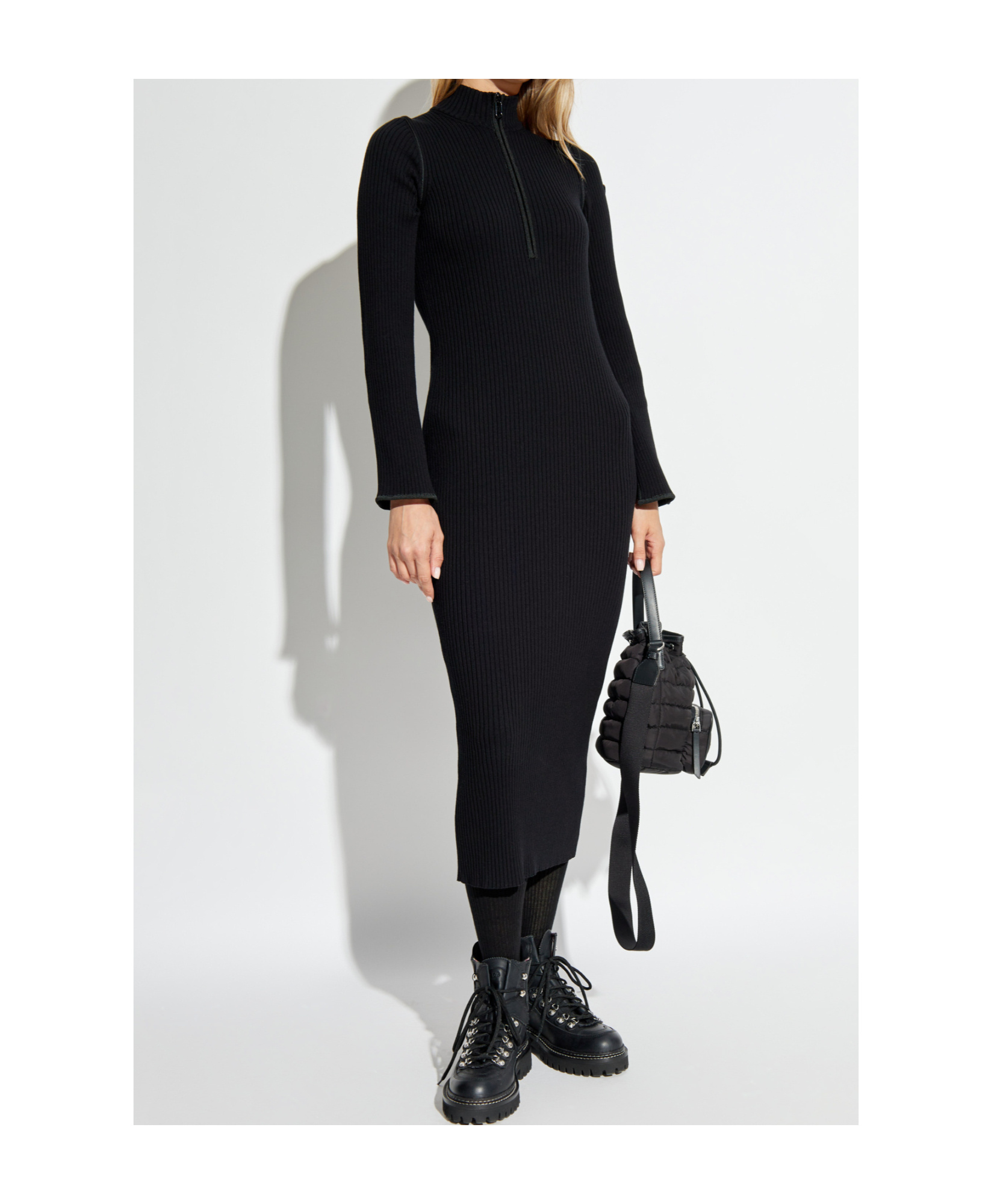 Moncler Half-zip Knit Crepe Midi Dress In Black