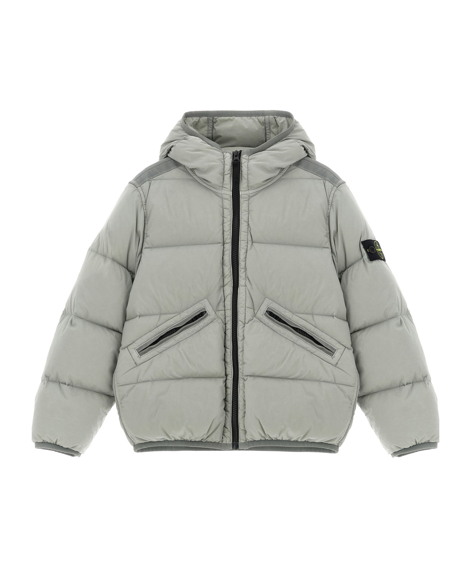 Stone Island Junior Logo Patch Hooded Down Jacket In Gray