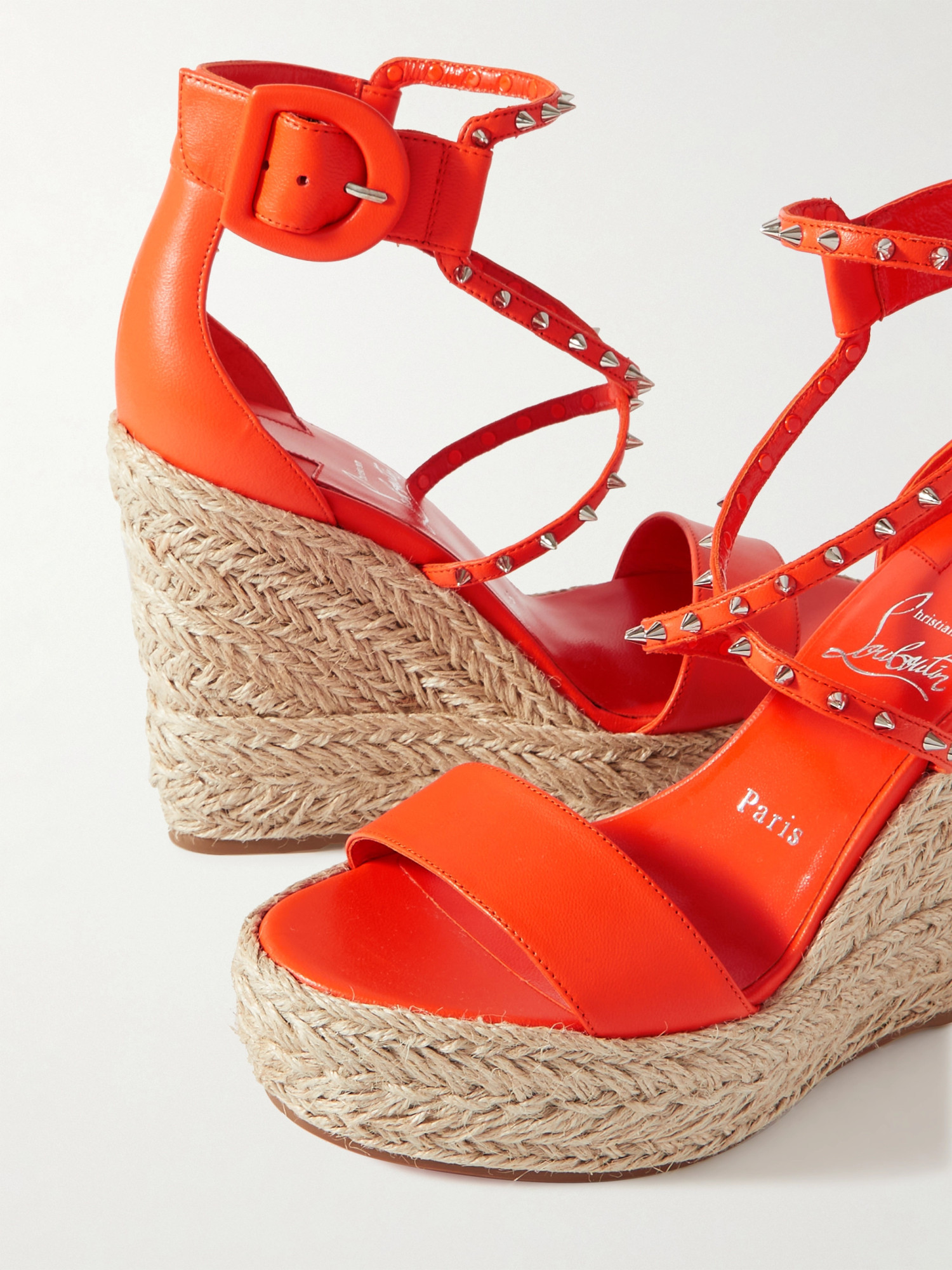 Christian Louboutin Leather Spikes Red Sole Wedge Espadrilles In Nude