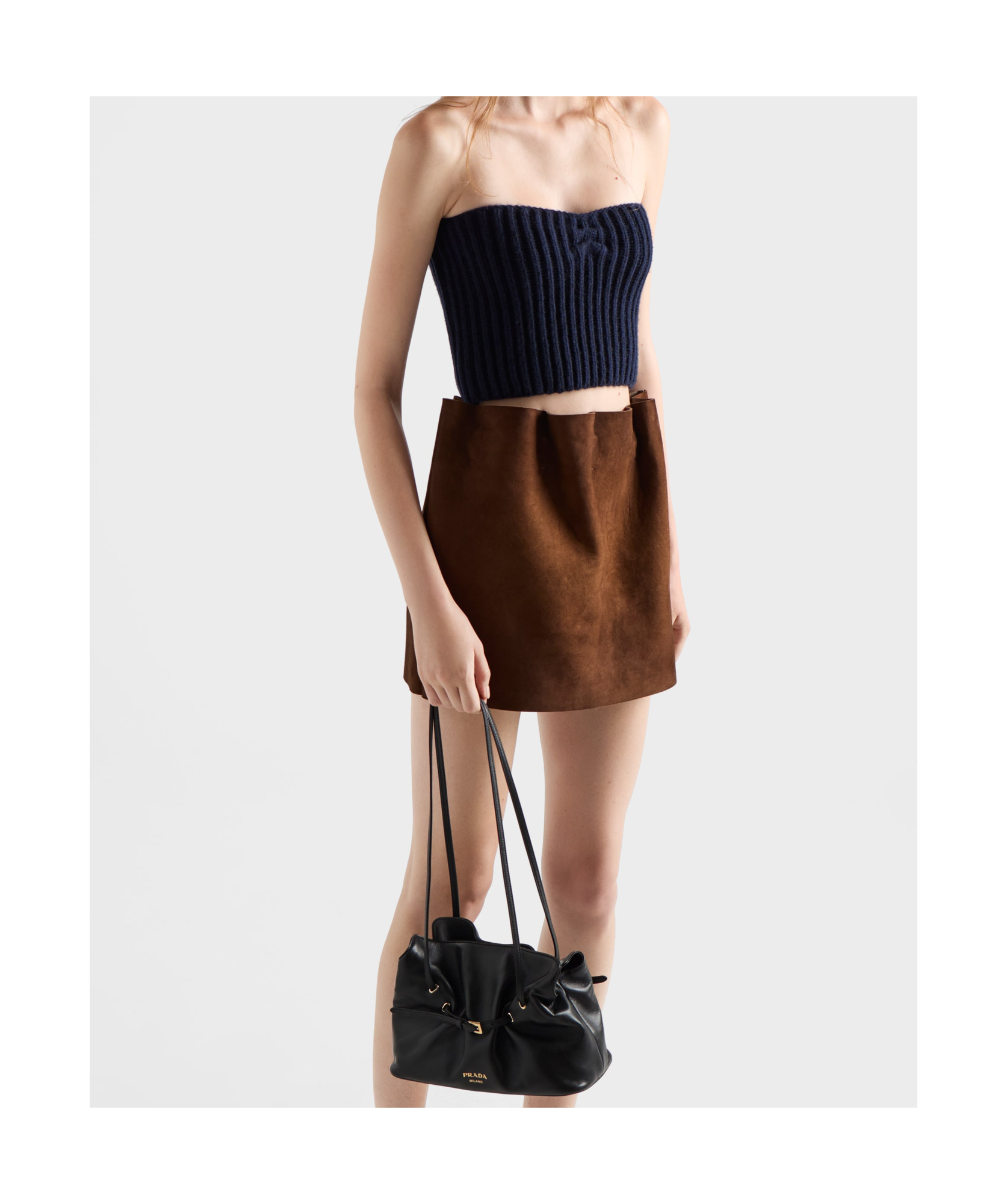 Prada Elasticated-waistband Suede Mini Skirt In Brown