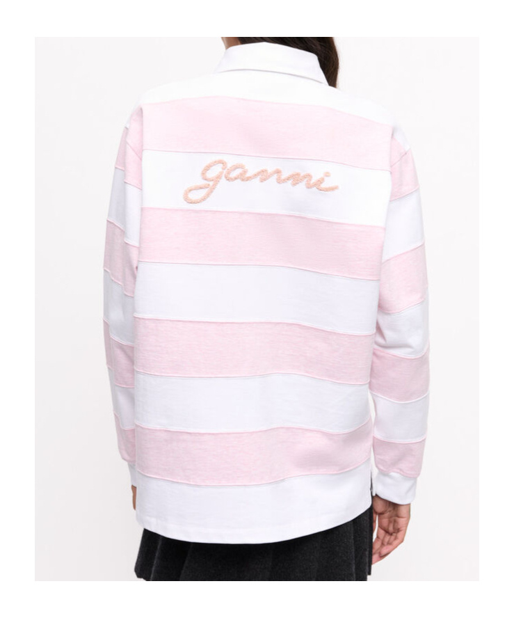 Ganni Striped Cotton Jersey Polo Sweater In White