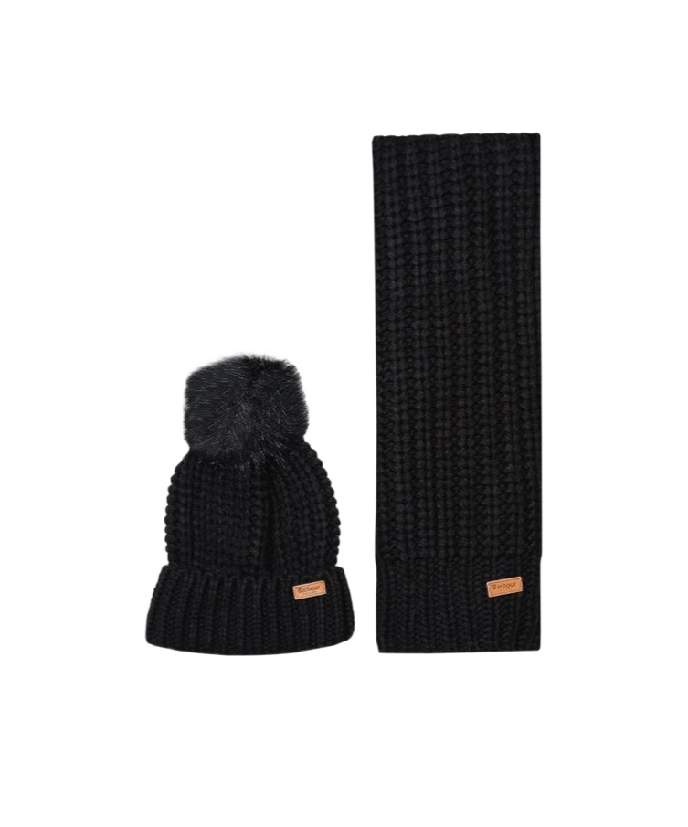 Barbour Logo Patch Rib Knit Puff Beanie And Scarf Set In Black
