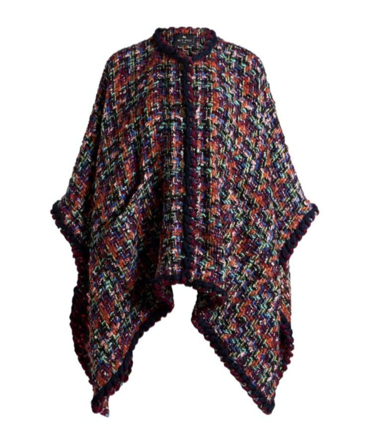 Etro Tweed Pom-pom Trim Cape In Multi