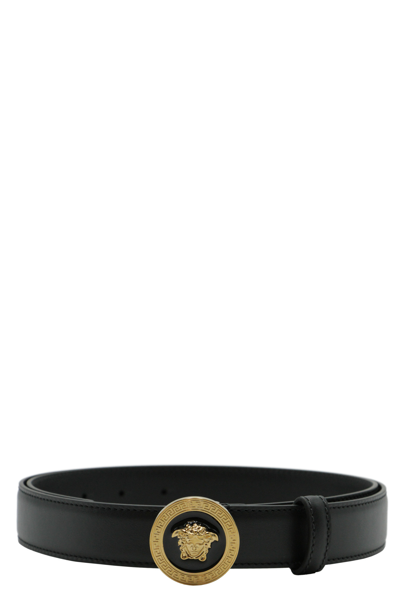 Versace Medusa Streamlined Leather Belt With Adjustable Length And Gold-tone Buckle In Black