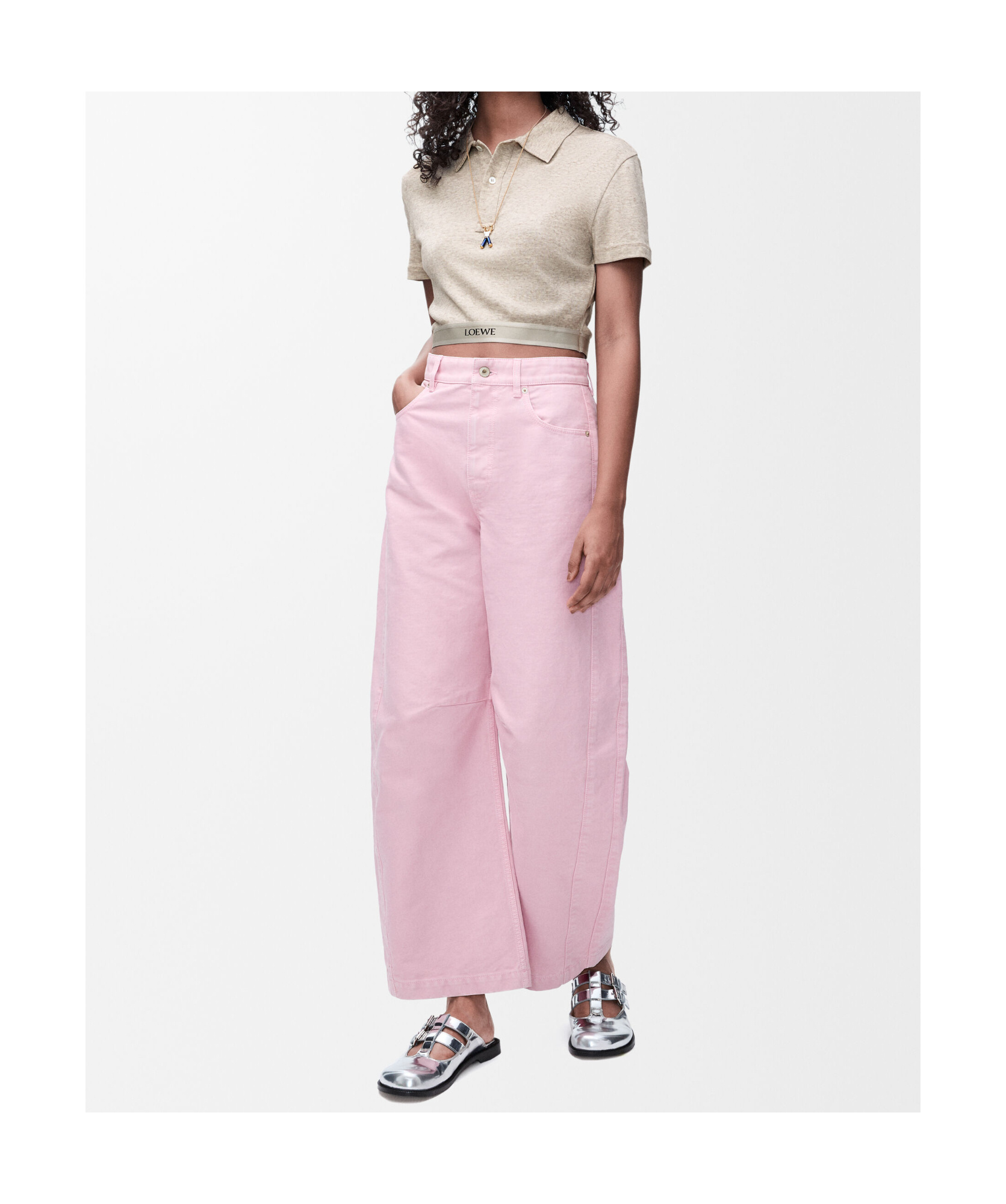 Shop Loewe Cropped Polo In Cotton And Wool In Nude