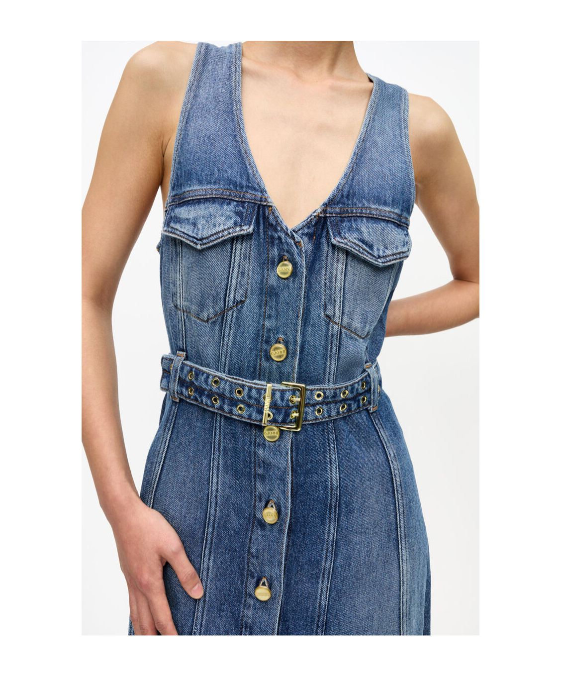 Ganni Blue Light Denim Belt Midi Dress In Chinese Blue Retro