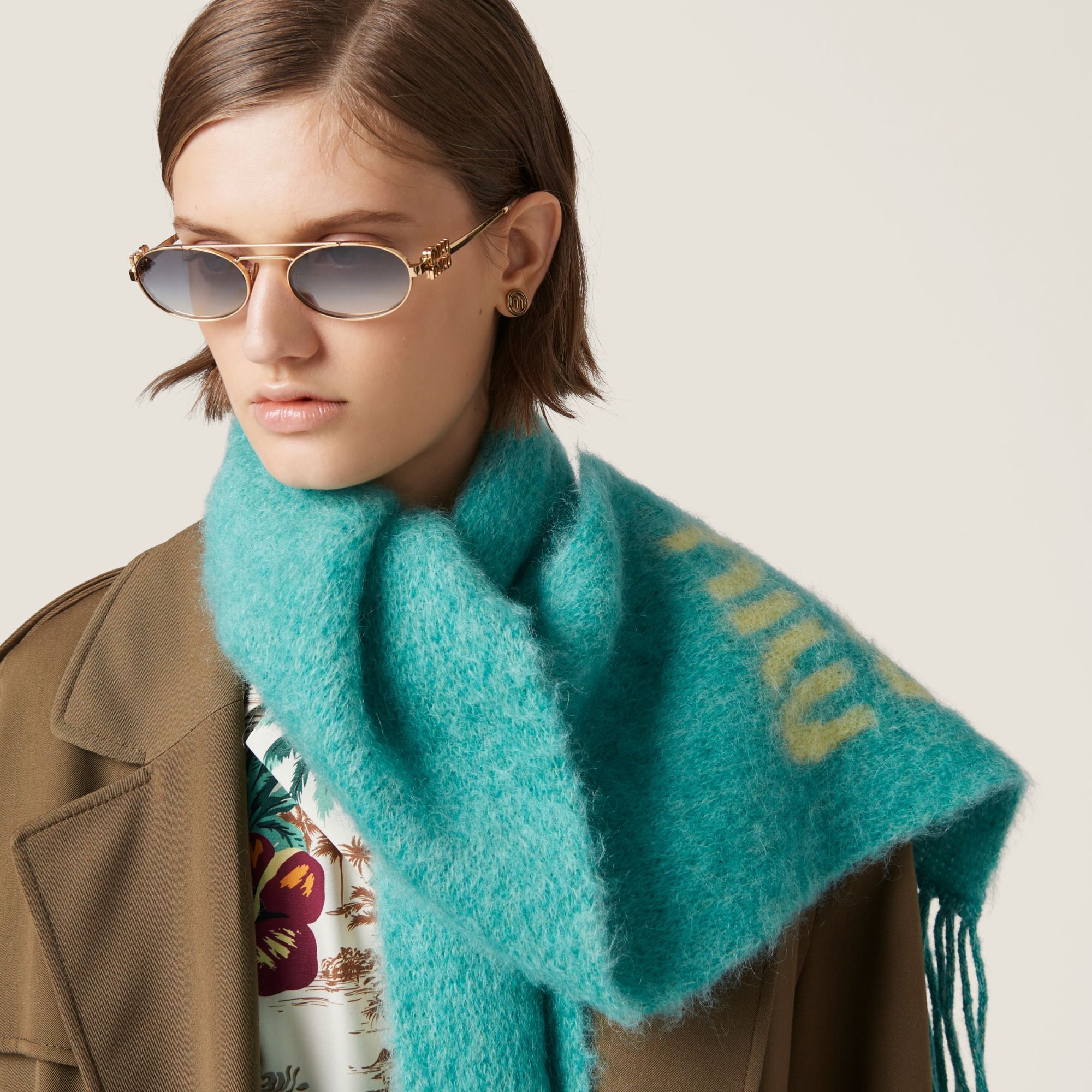 Miu Miu Logo Wool Scarf In Blue