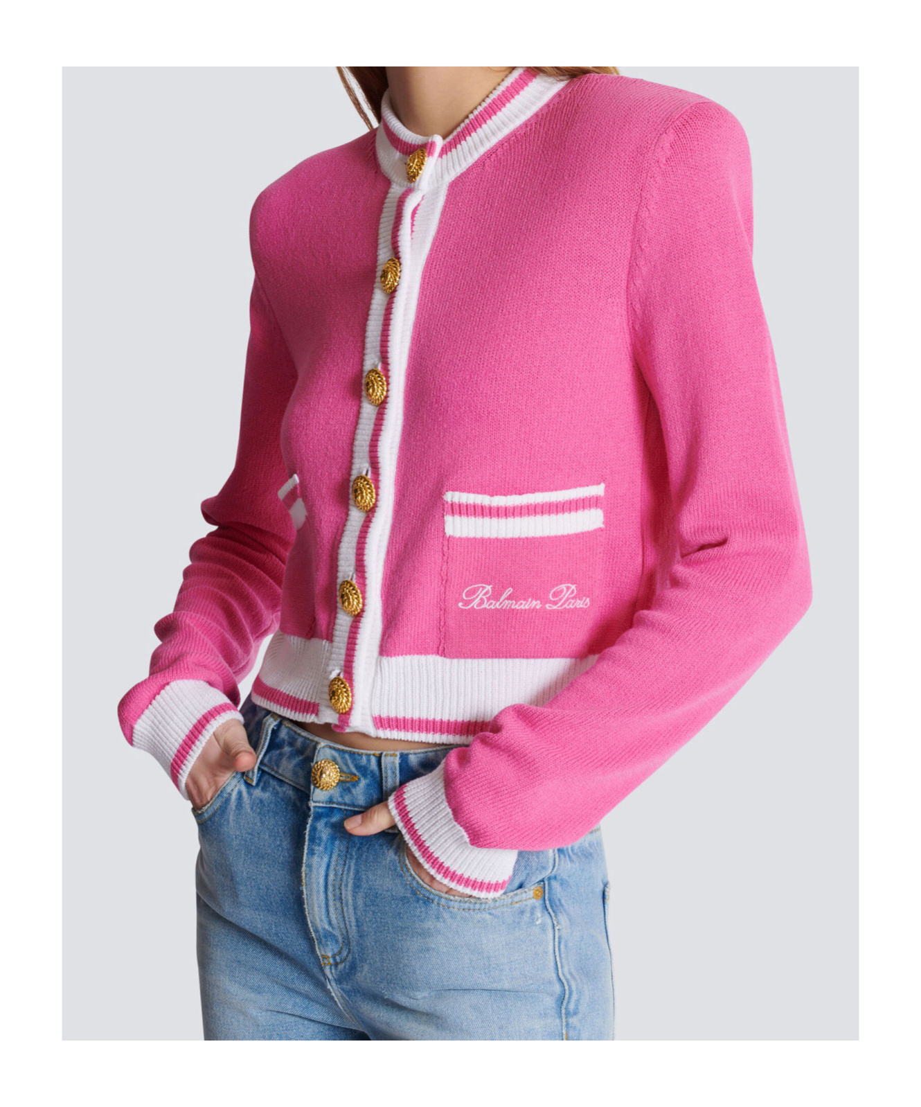 Balmain Strong-shoulder Signature Buttoned Knit Cardigan In Pink