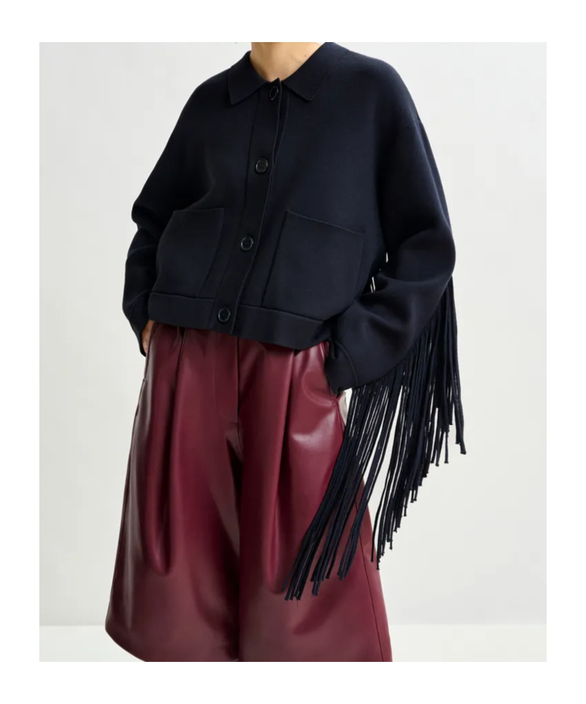 Essentiel Antwerp Navy Cropped Knitted Jacket With Fringe Details In Blue