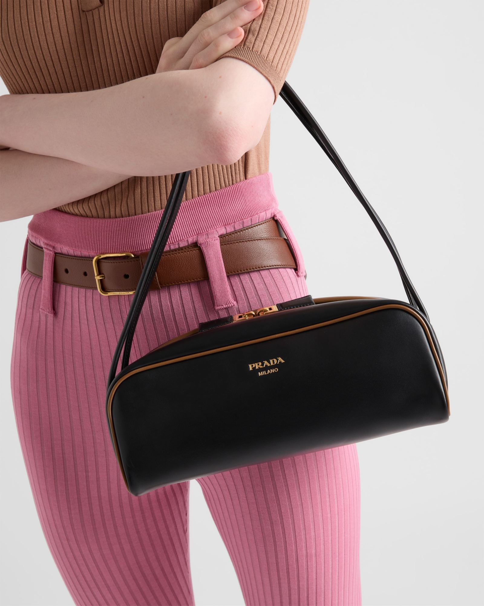 Prada Women Black Leather Shoulder Bag In Black/hazelnut
