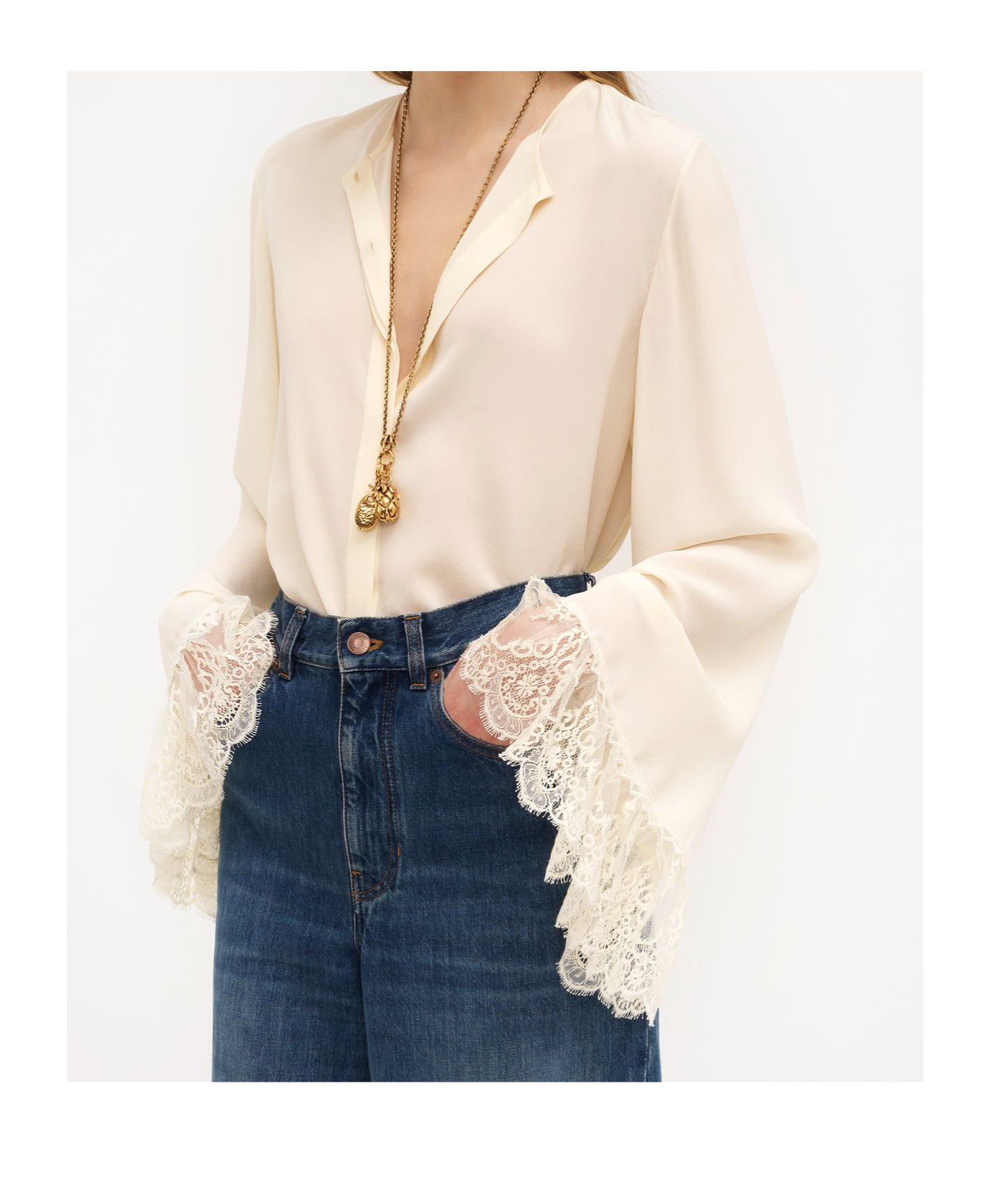 Chloé Button Down Crepe De Chine Top With Lace Sleeves In White