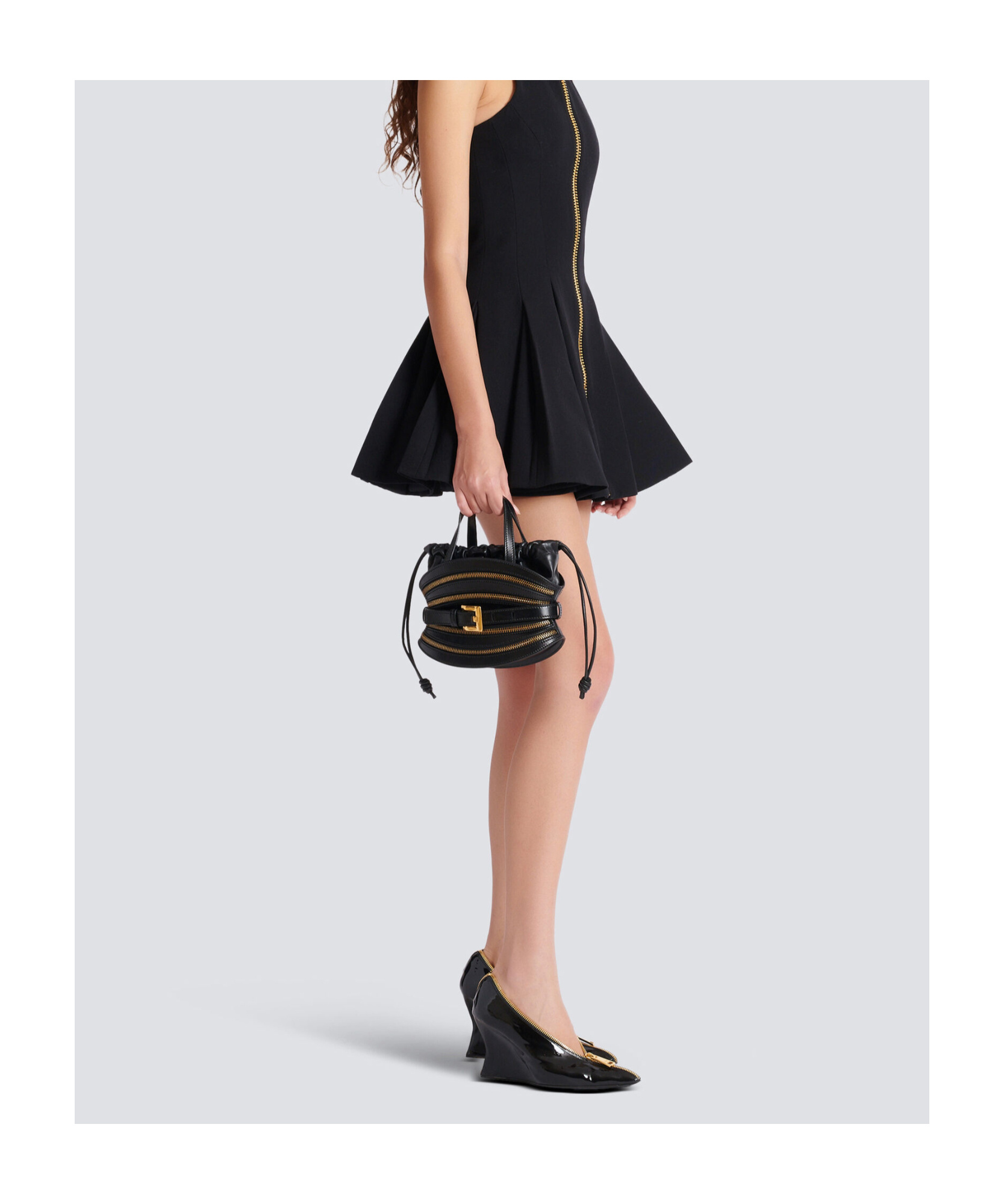 Balmain Mini Shuffle Zips Bag In Calfskin Leather In Black