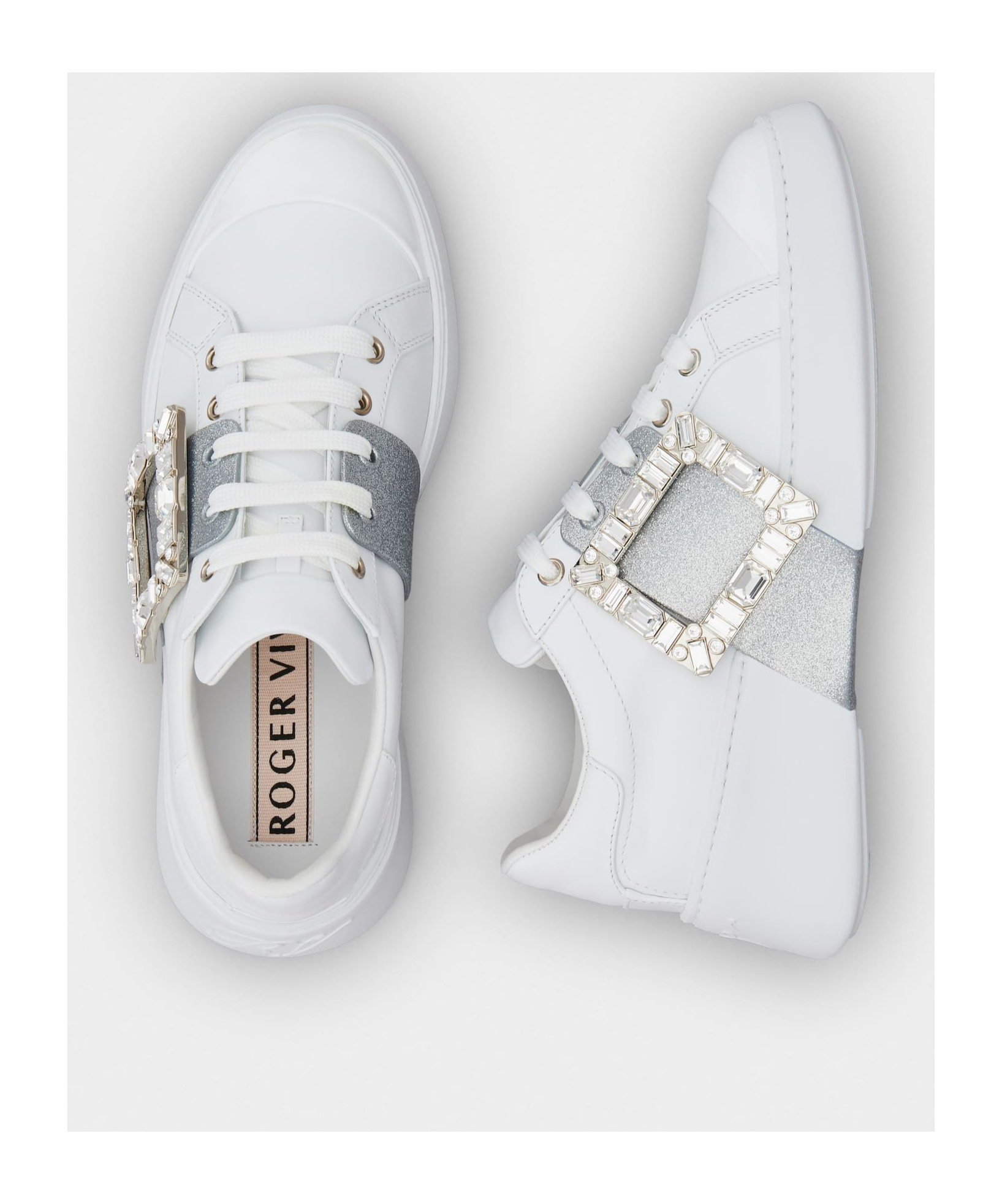 Roger Vivier White Viv Skate Sneakers With Rhinestone Buckles In White