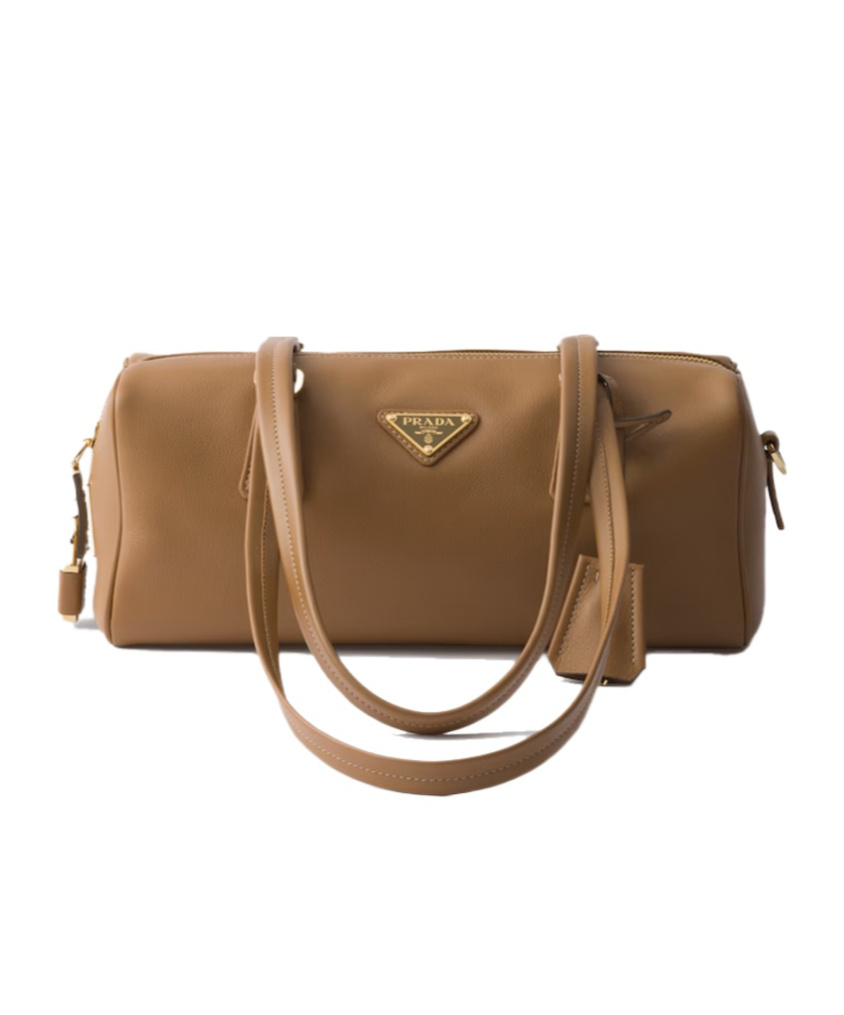 Prada Re-nylon And Leather Medium Top-handle Bag With Padlock In Brown