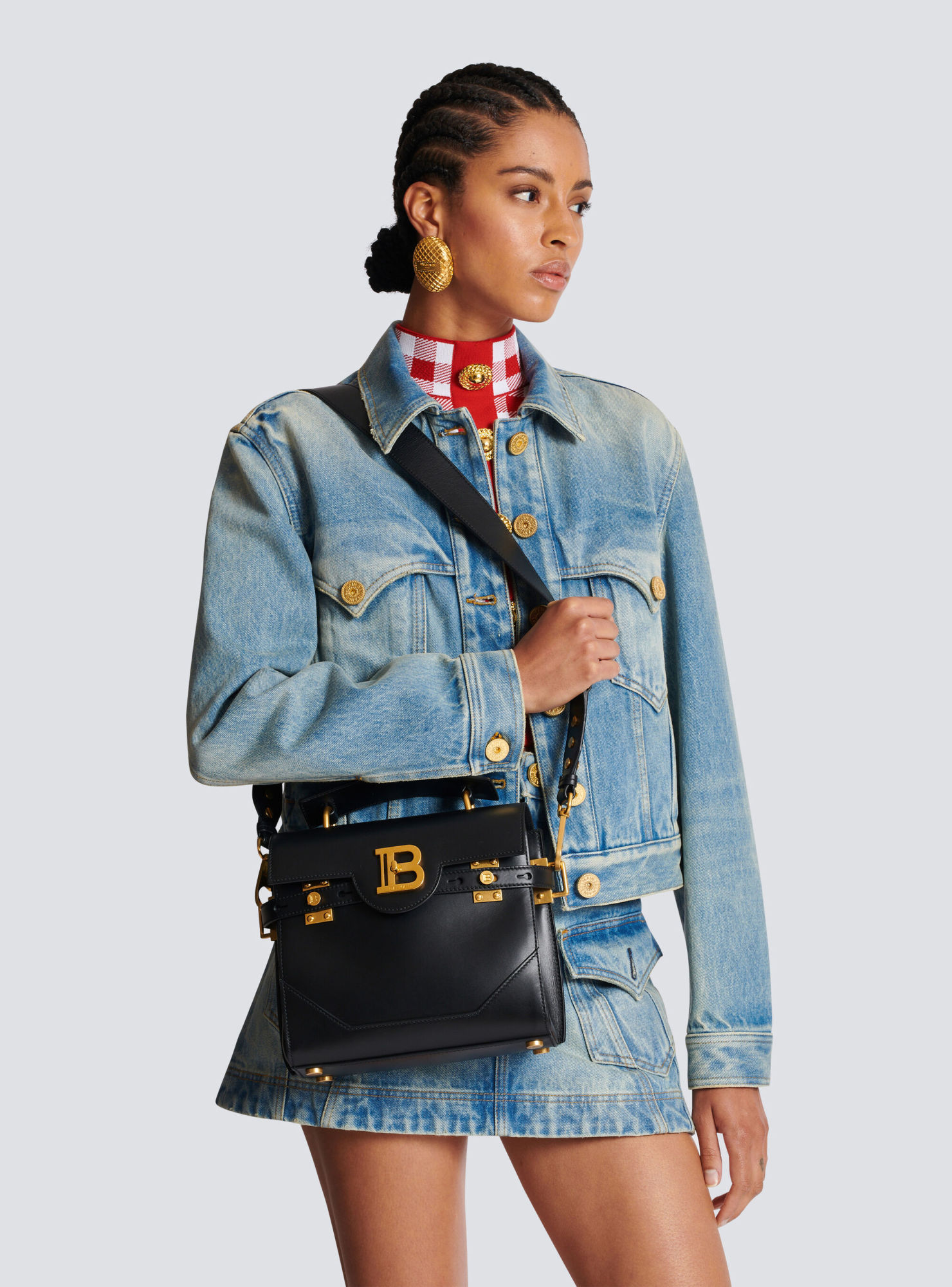 Balmain B-buzz 23 Monogram Leather Top Handle Bag In Black