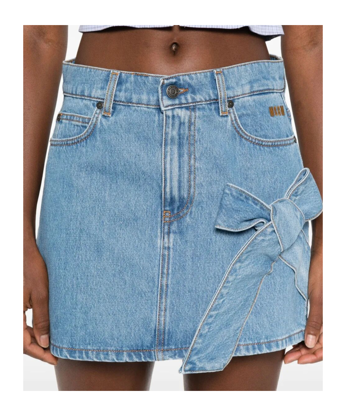 Msgm Bow-detail Denim Mini Straight Skirt In Blue