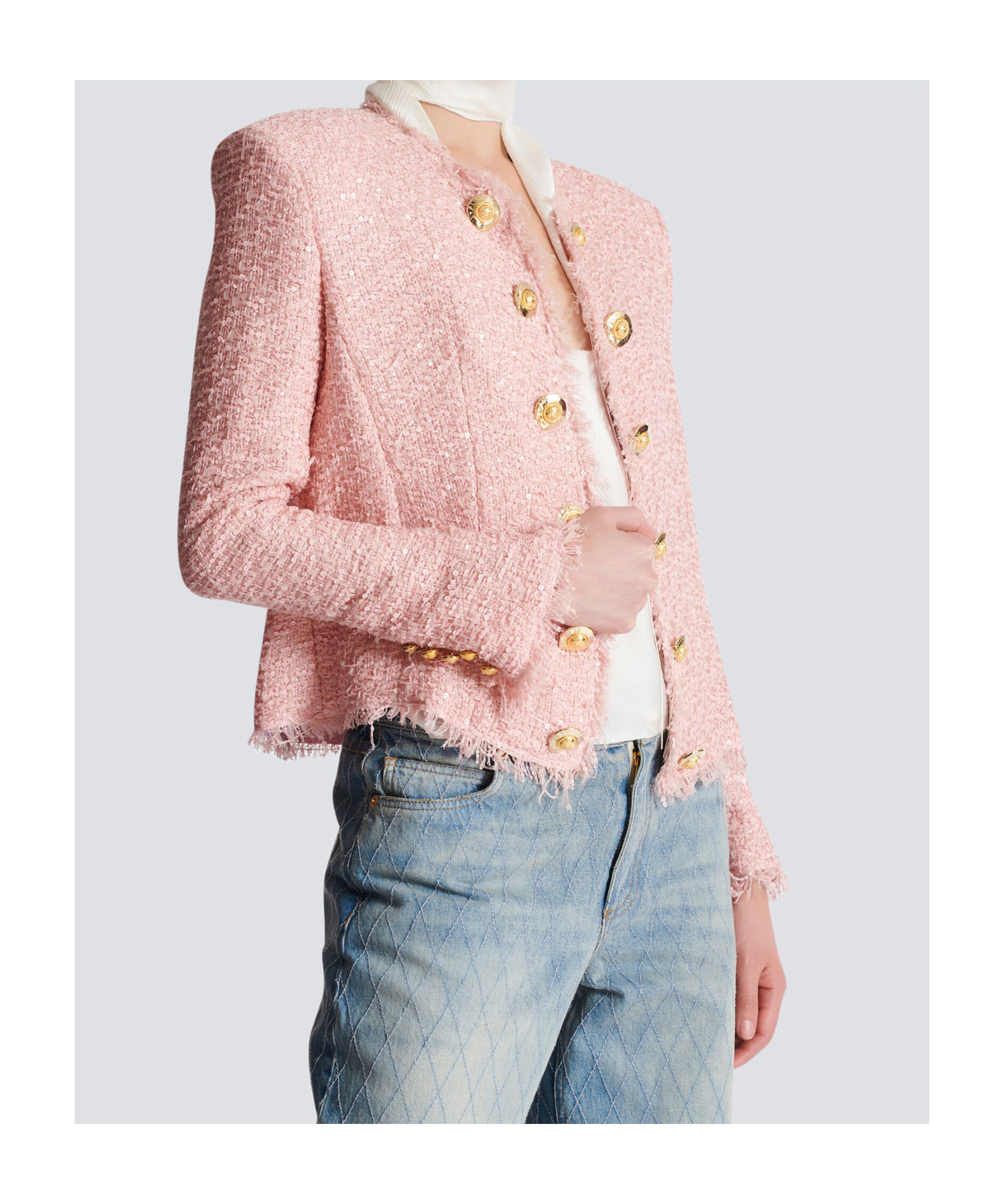 Balmain Tweed Jacket With All-over Sequins And Structured Shoulders In Pink