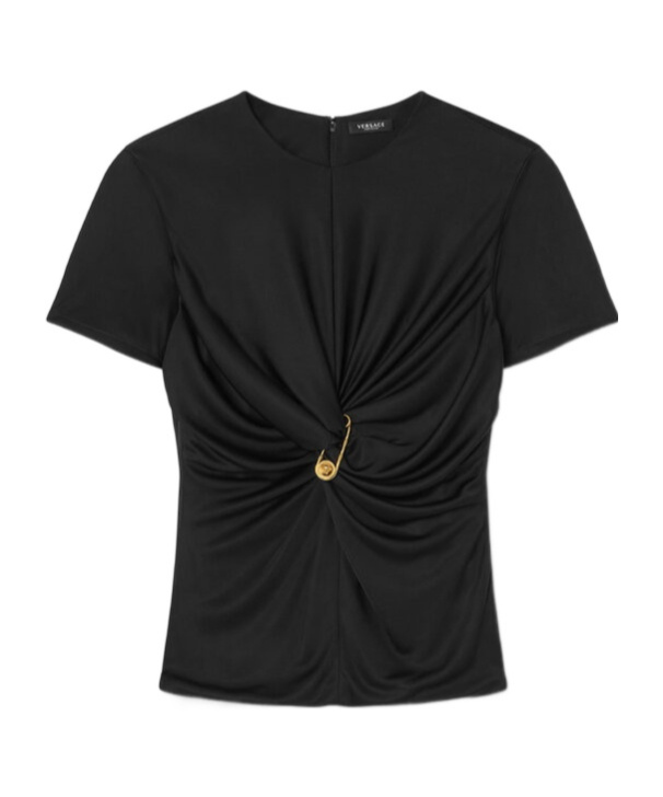 Versace Safety Pin Gathered Short-sleeved Top In Black