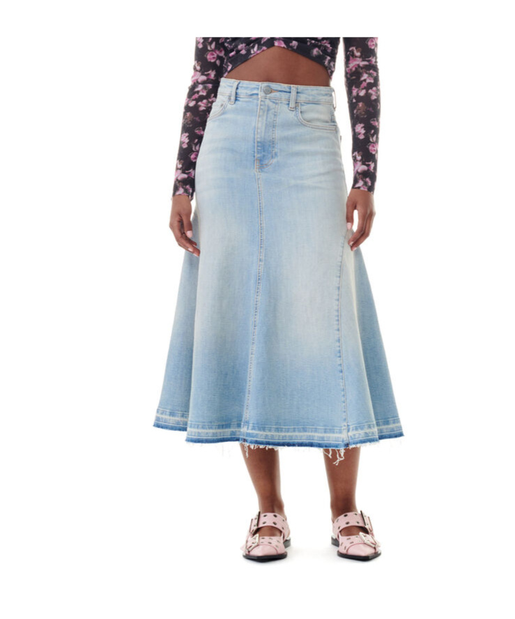 Ganni Pleated Denim Midi Skirt In Multi