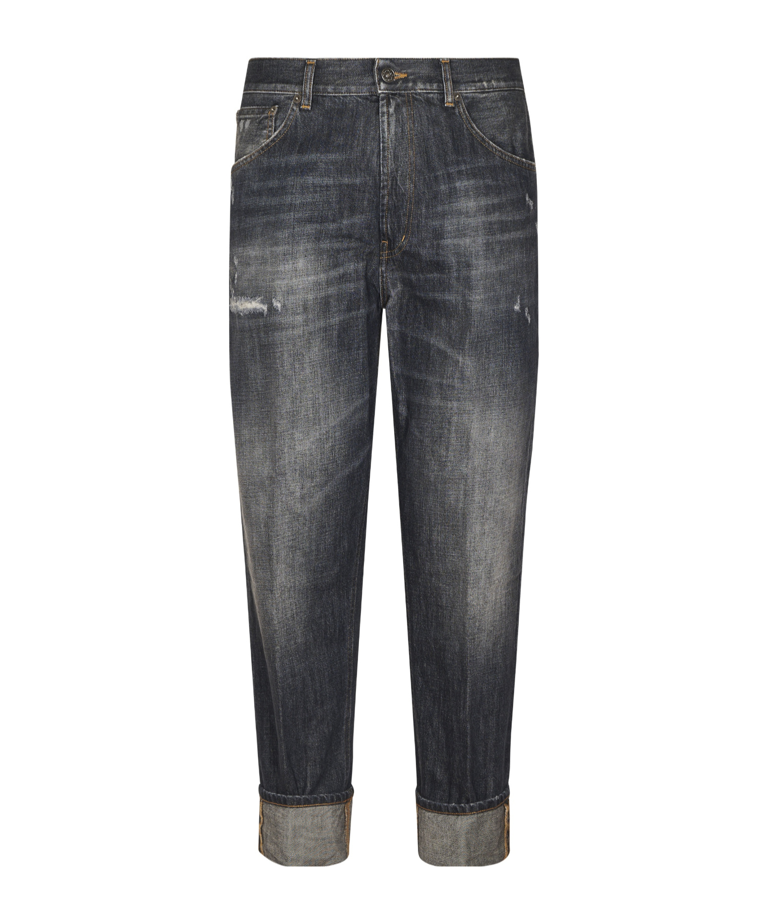 Dondup Relaxed Fit Distressed Denim Trousers With Rolled Cuffs In Black