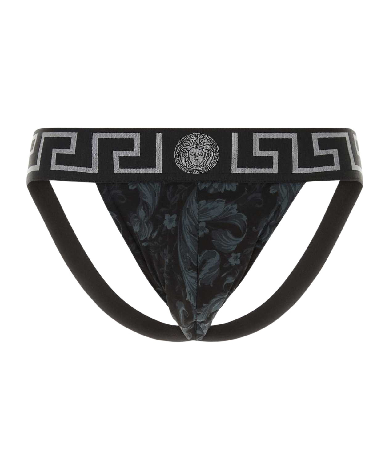 Versace Barocco-print Cotton Jockstrap In Black