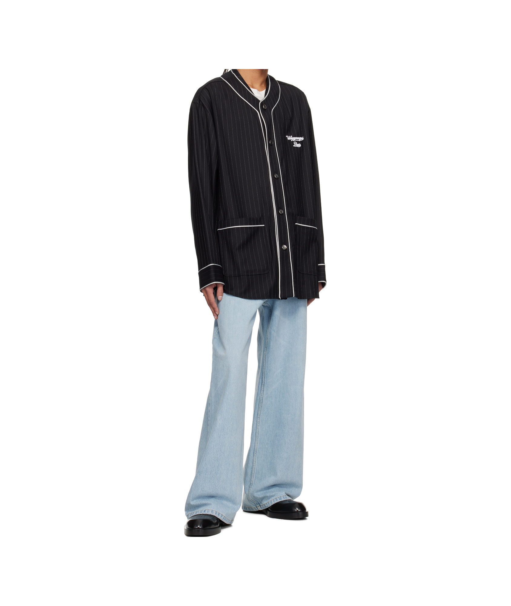 Shop Wooyoungmi Wool Stripe Baseball Shirt In Black