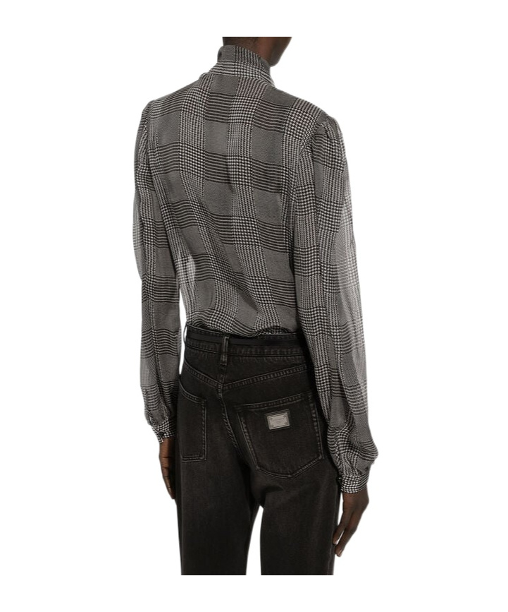 Dolce & Gabbana Silk Chiffon Shirt With Glen Plaid Print In Black