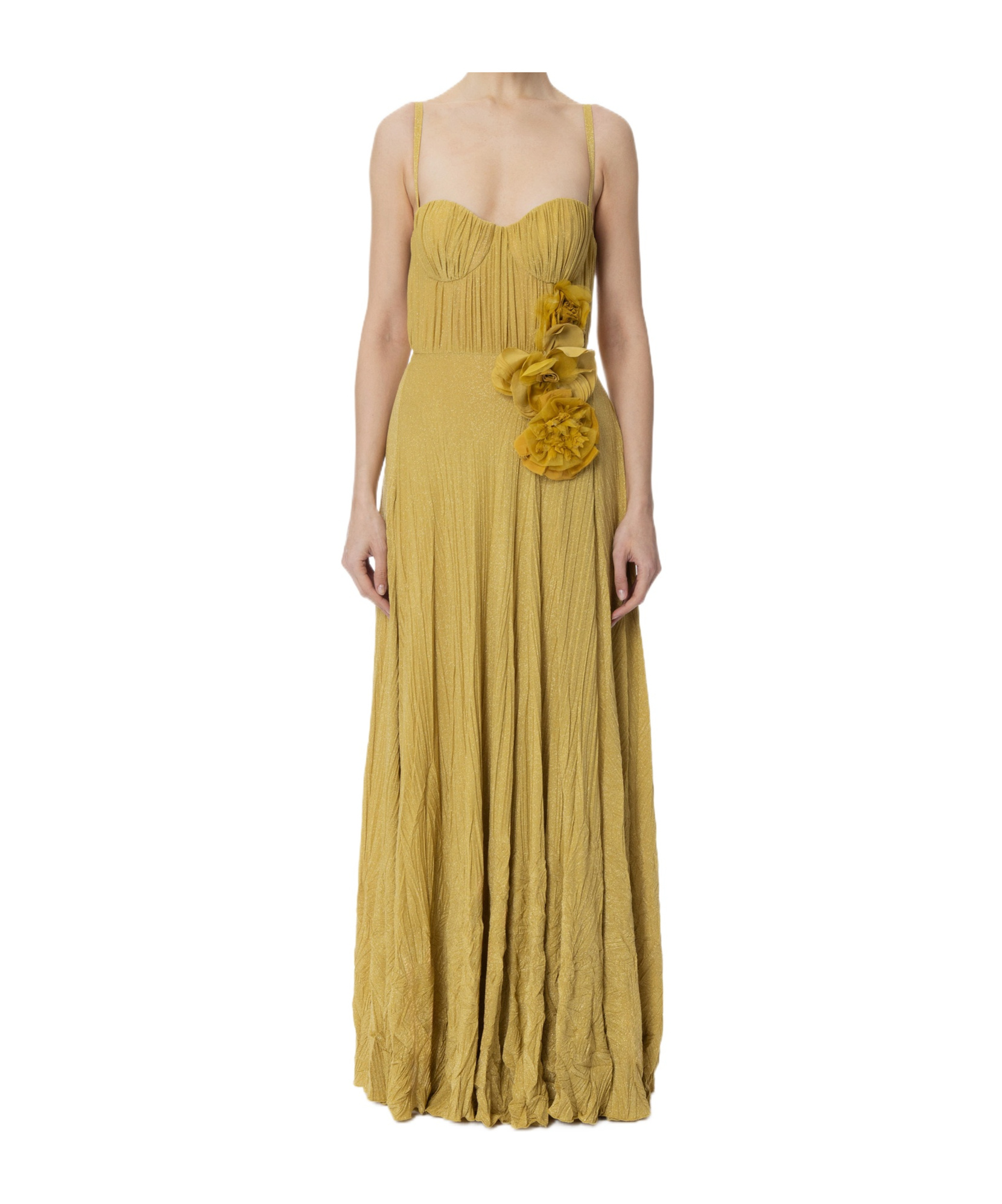 Elisabetta Franchi Red Carpet Dress Made Of Lurex Jersey Fabric With Embroidered Flower In Curry Color