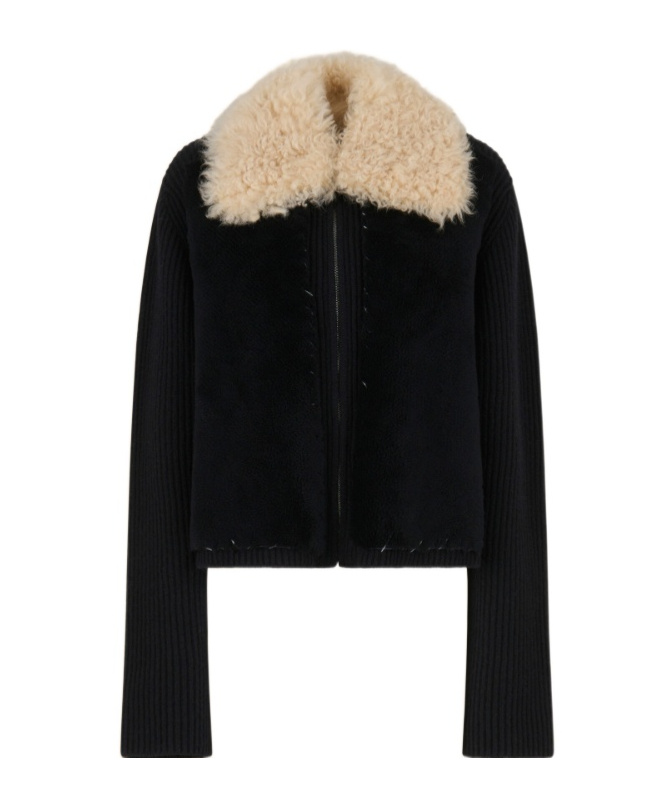 Marni Knitted Jacket With Faux Fur Collar In Black