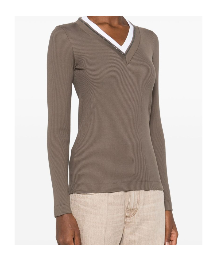 Brunello Cucinelli Ribbed V-neck Embellished T-shirt In Brown