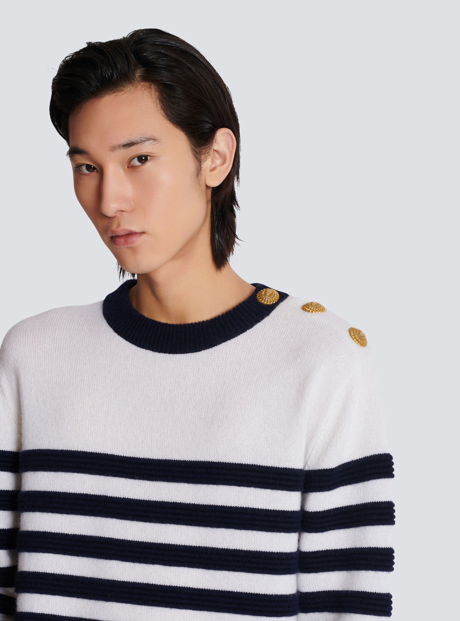 Balmain Button-detail Striped Cashmere Jumper In White