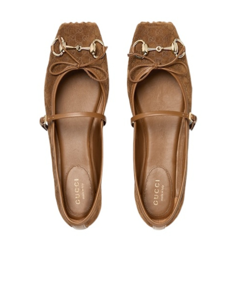 Gucci Beige Ballet Shoes With Horsebit And Bow Detail In Gg Canvas Woman In Brown