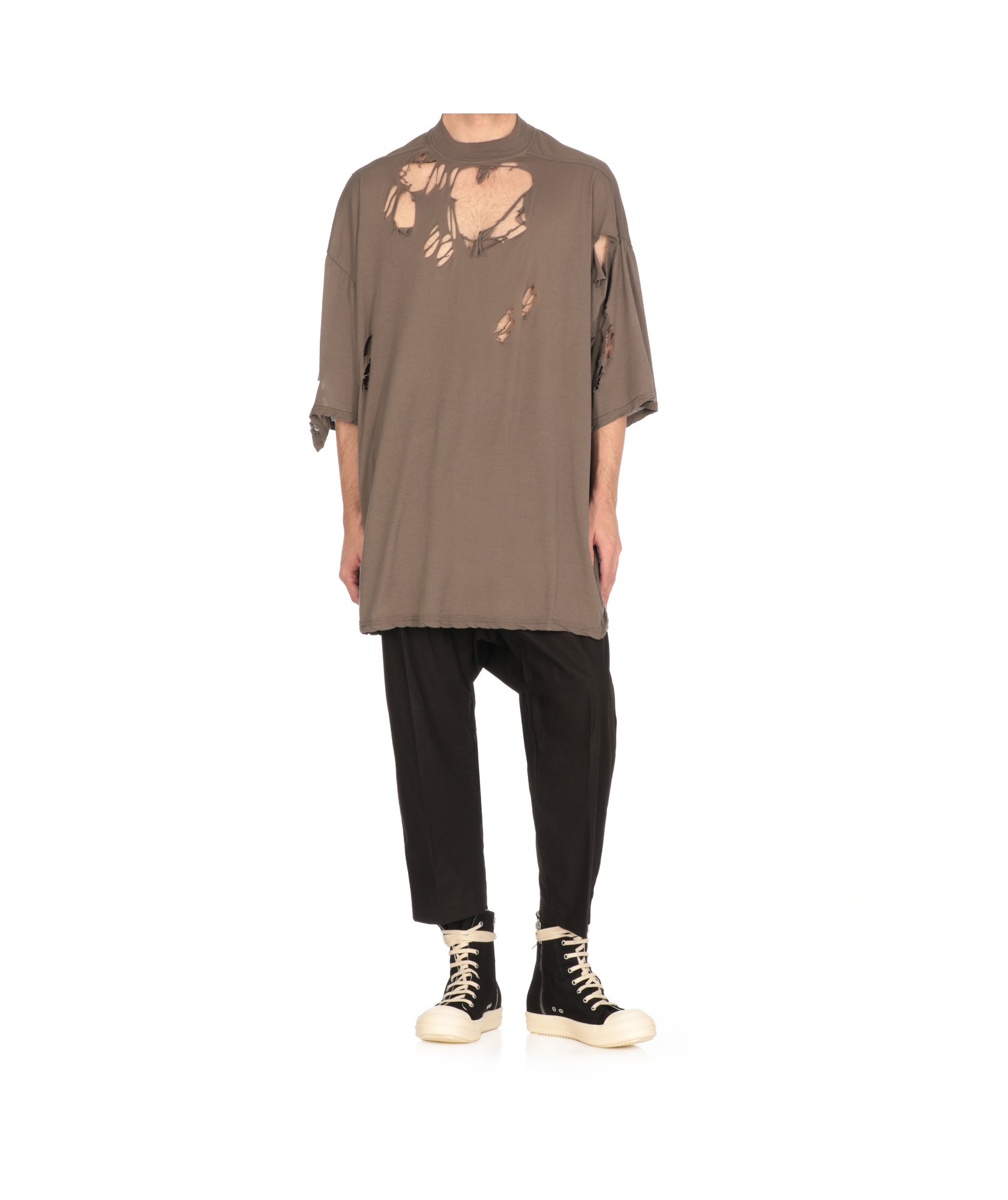 Rick Owens Drkshdw Oversized Crewneck T-shirt Distressed Cut-outs In Brown