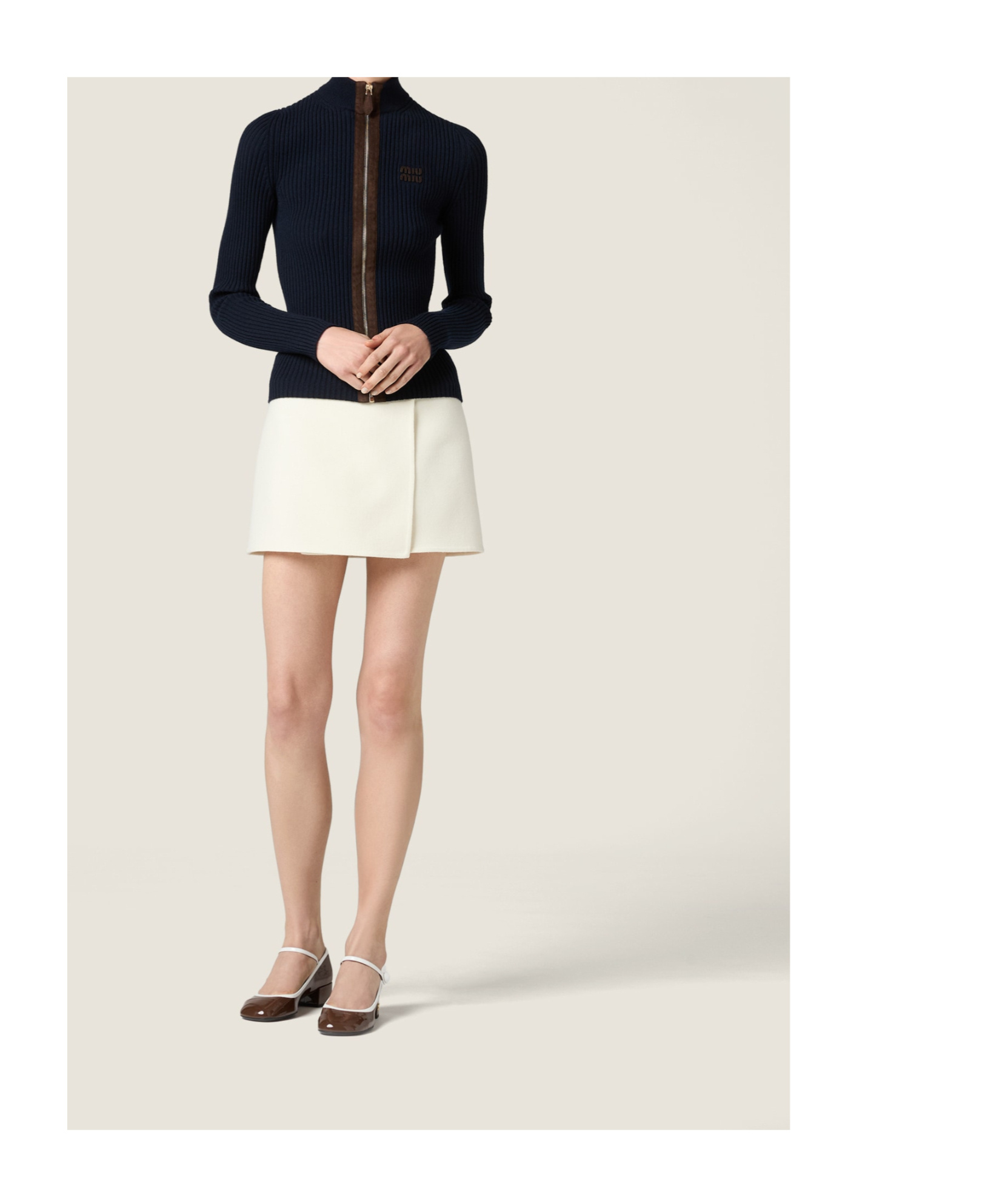 Miu Miu Cashmere And Leather Zipper Cardigan In Blue
