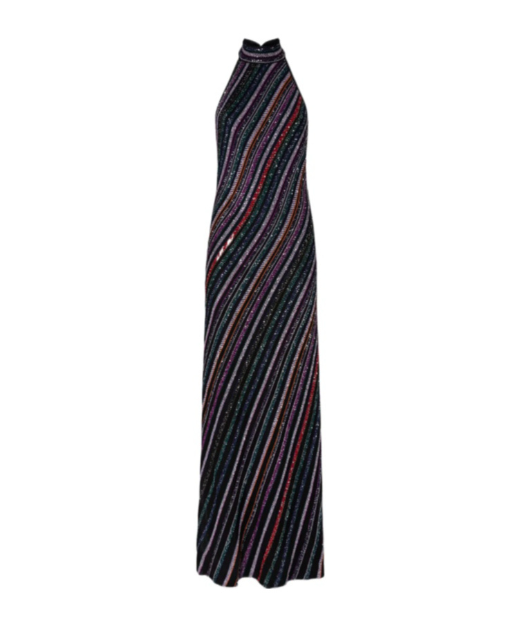 Missoni Long Dress With Halter Neck And Herringbone Stripe Knit In Black