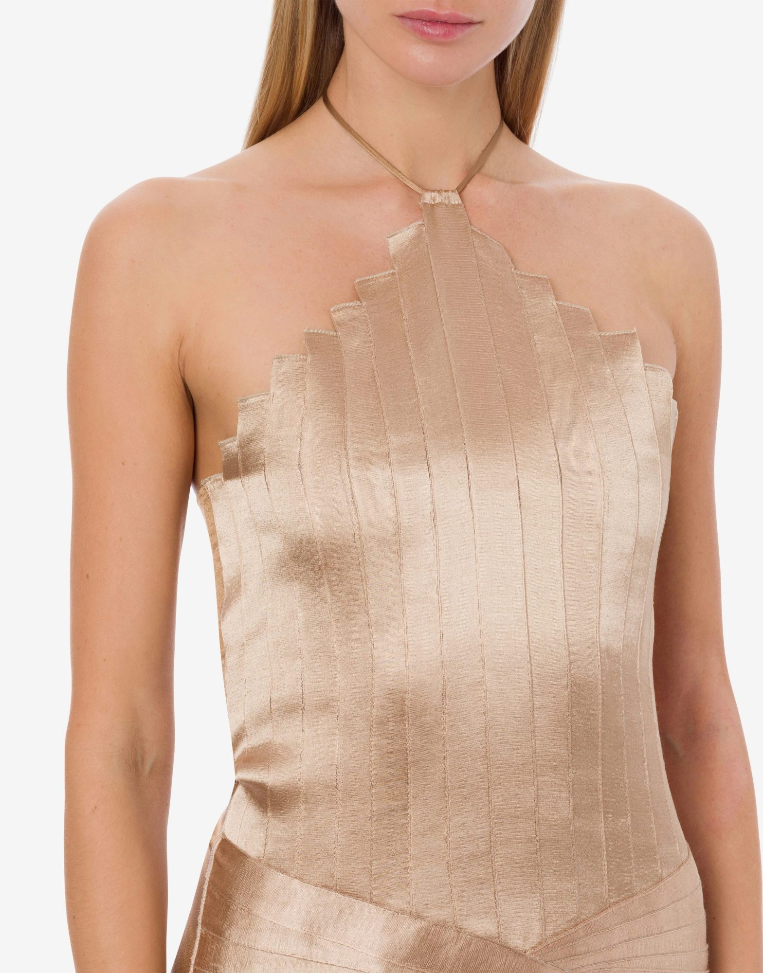 Alberta Ferretti Pleated Halterneck Gown In Nude