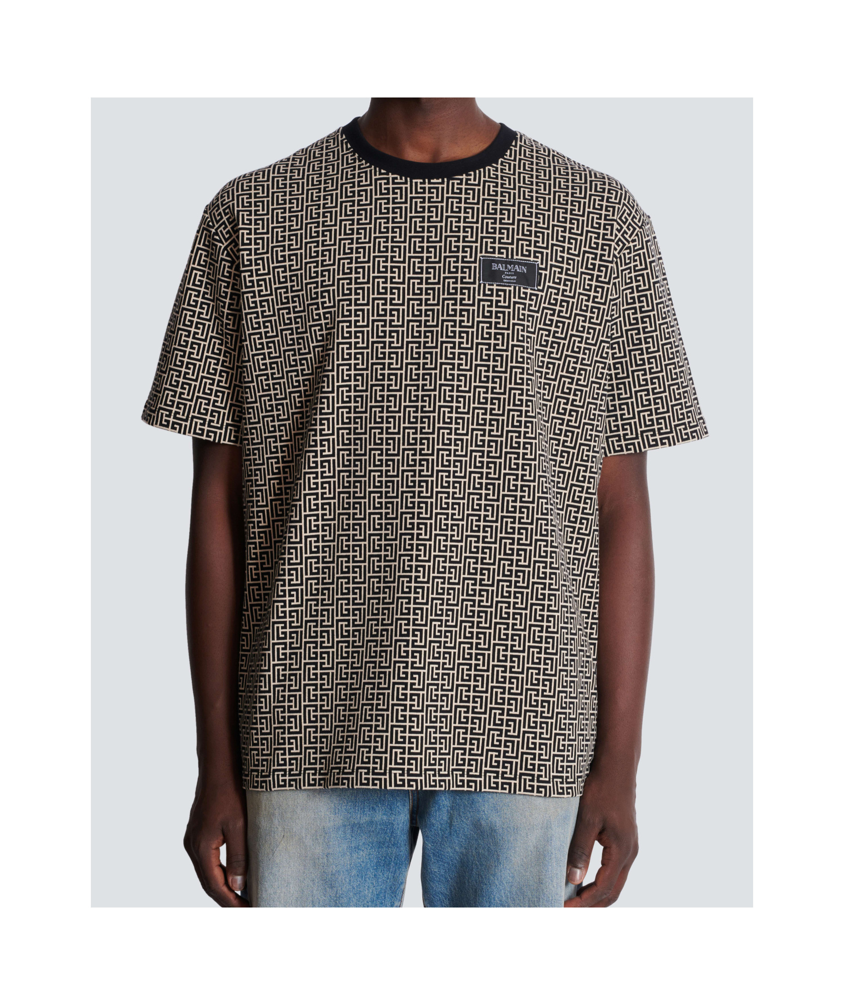 Balmain Grey T-shirt With Logo Applied On The Chest And All-over Labyrinth Motif In Cotton Man In Black