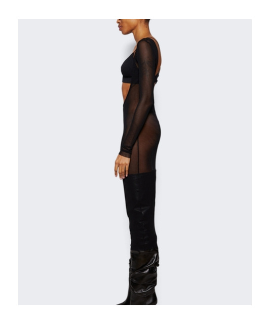 JEAN PAUL GAULTIER FLOCKED-LOGO MESH MIDI DRESS