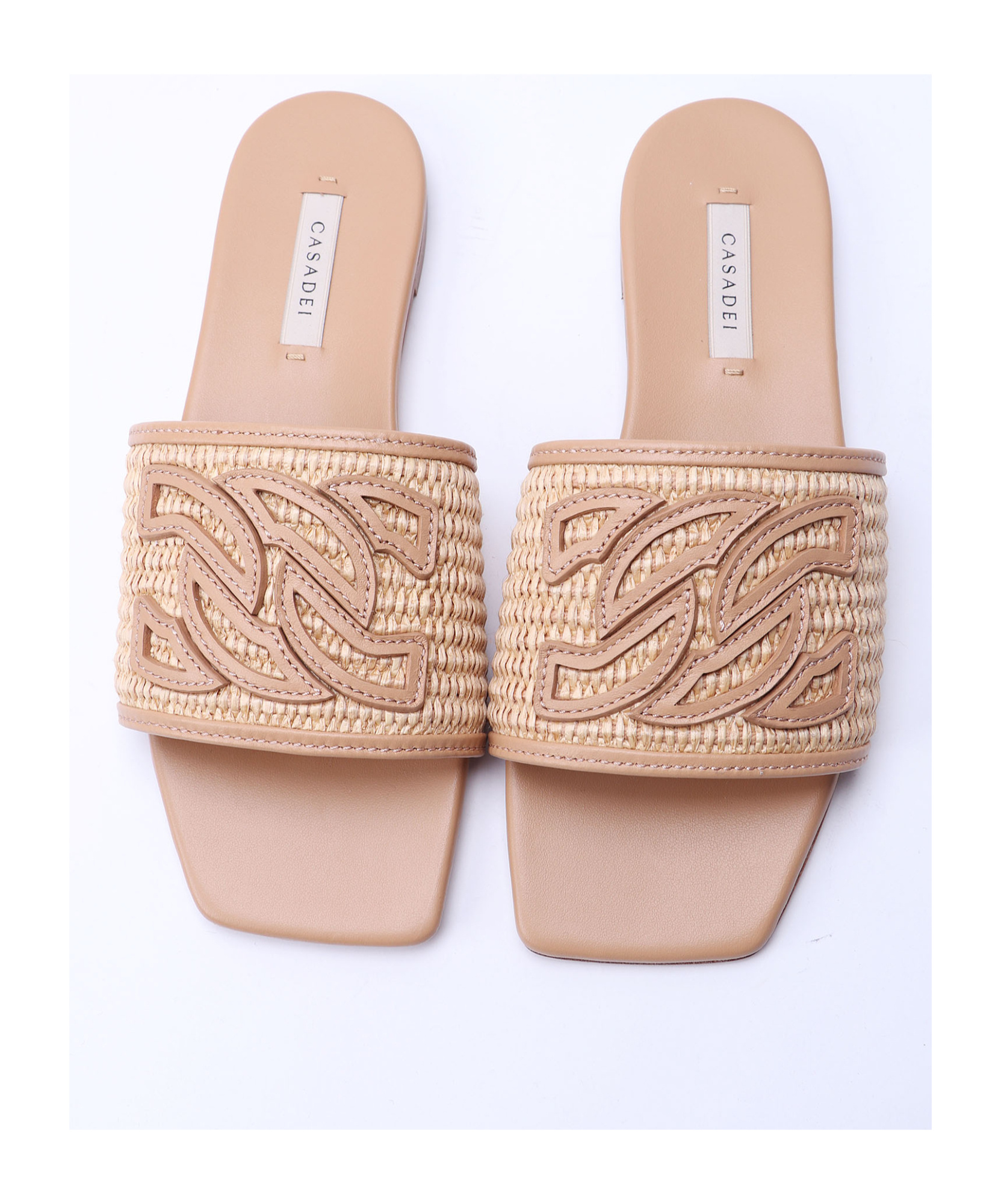 Casadei Portofino Woven-raffia Slides In Nude