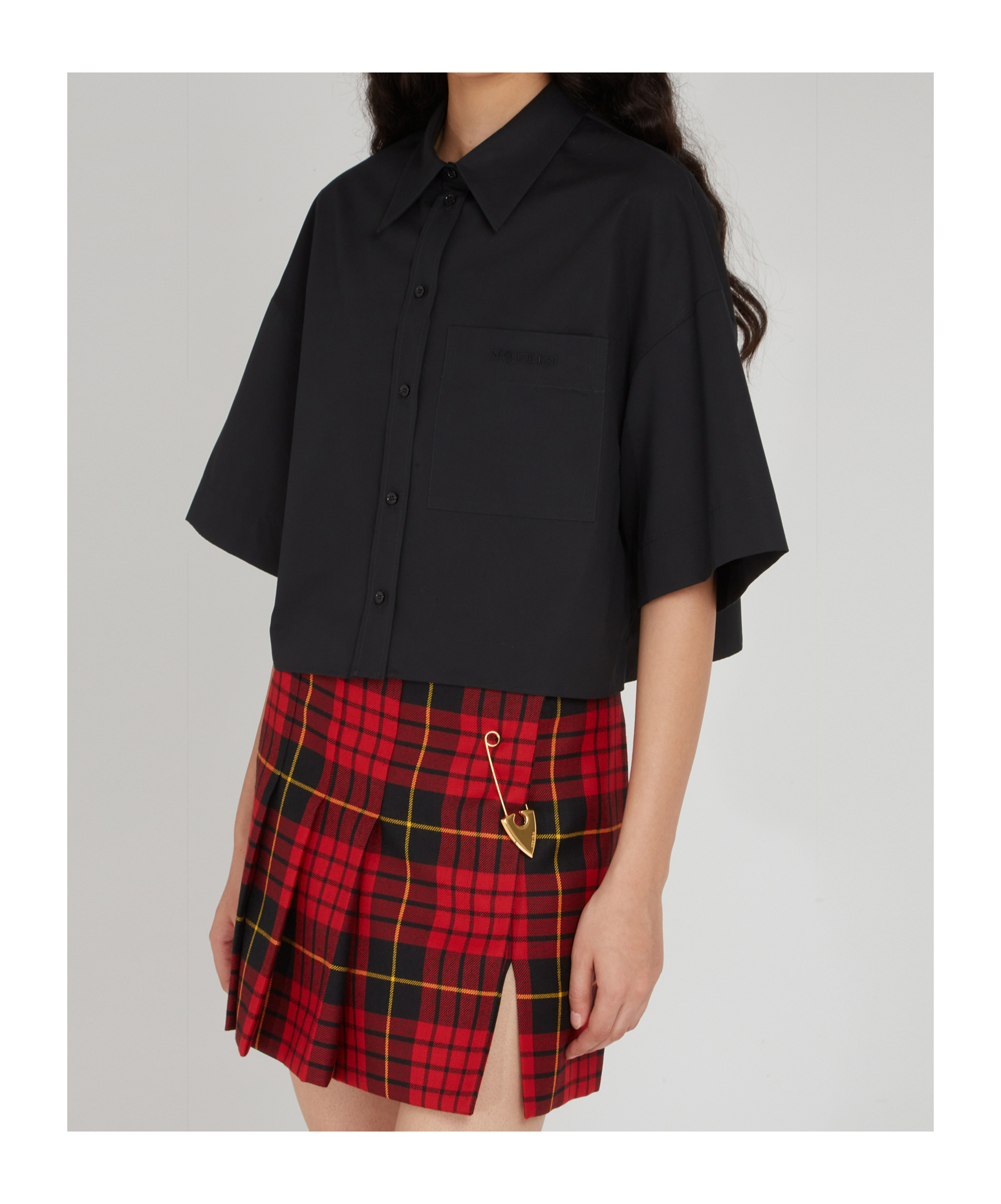 Alexander Mcqueen Tartan Pleated Pin Detail Wool Miniskirt In Black