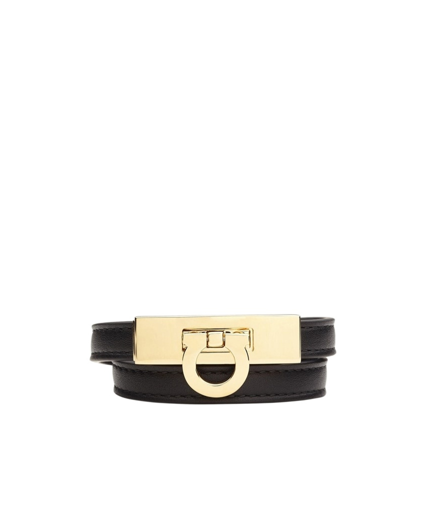 Ferragamo Gancini Black Double Twist Bracelet In Leather Woman In Black