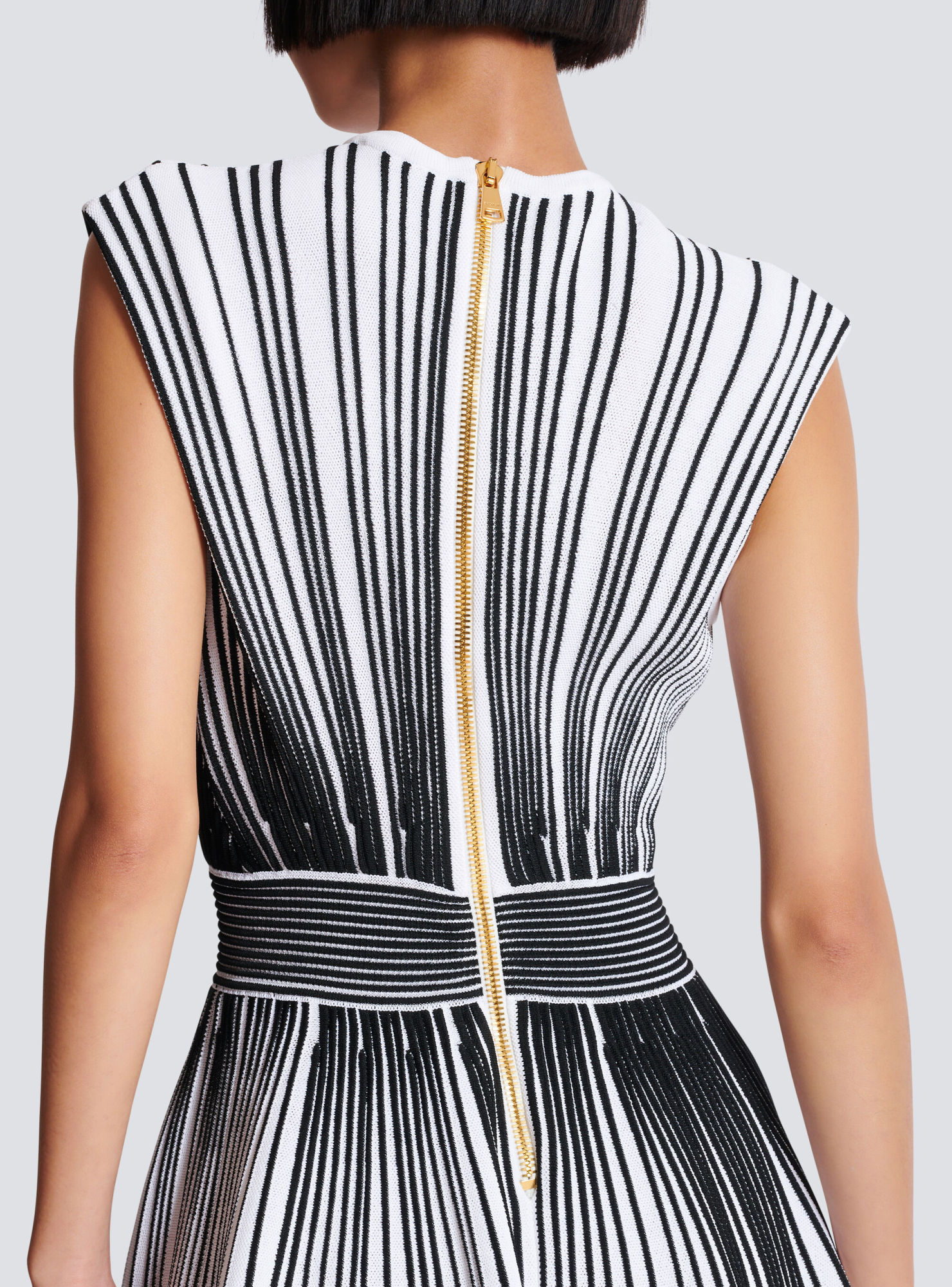 Shop Balmain Two-tone Flared Knit Dress In White