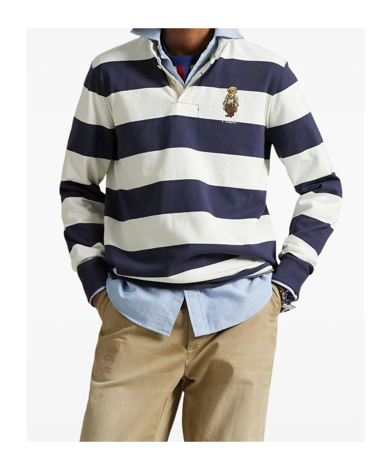 Polo Ralph Lauren Rugby Fit Blue And White Polo Shirt With Logo Embroidery On The Front And All-over Striped Motif In  In Multi