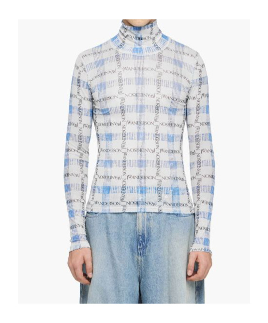 Jw Anderson Light Blue Turtleneck T-shirt With All-over Check Motif And All-over Logo Print In Tech Fabric Stret In White