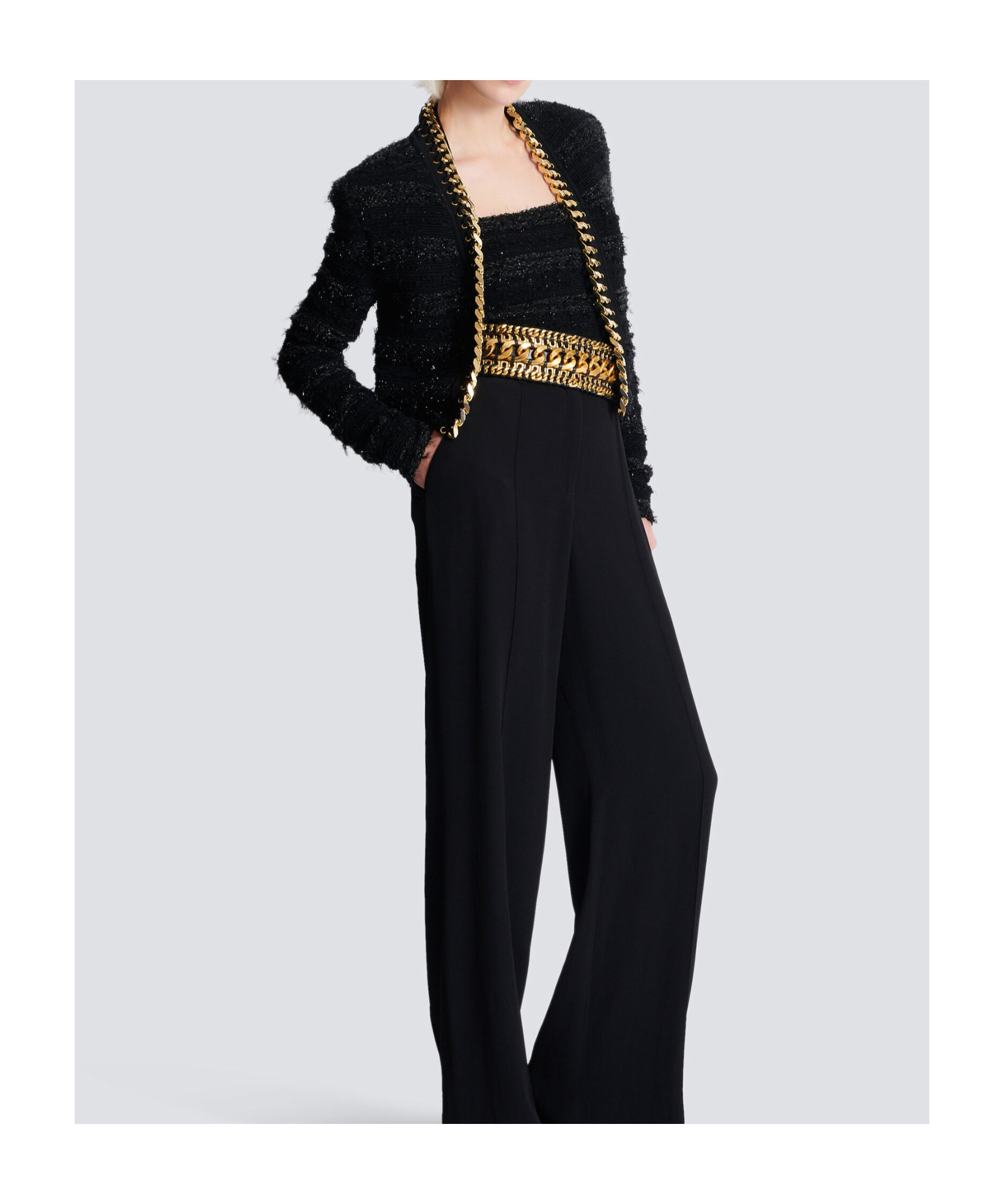 Balmain Chains Details Side To Side Tweed Jacket In Black
