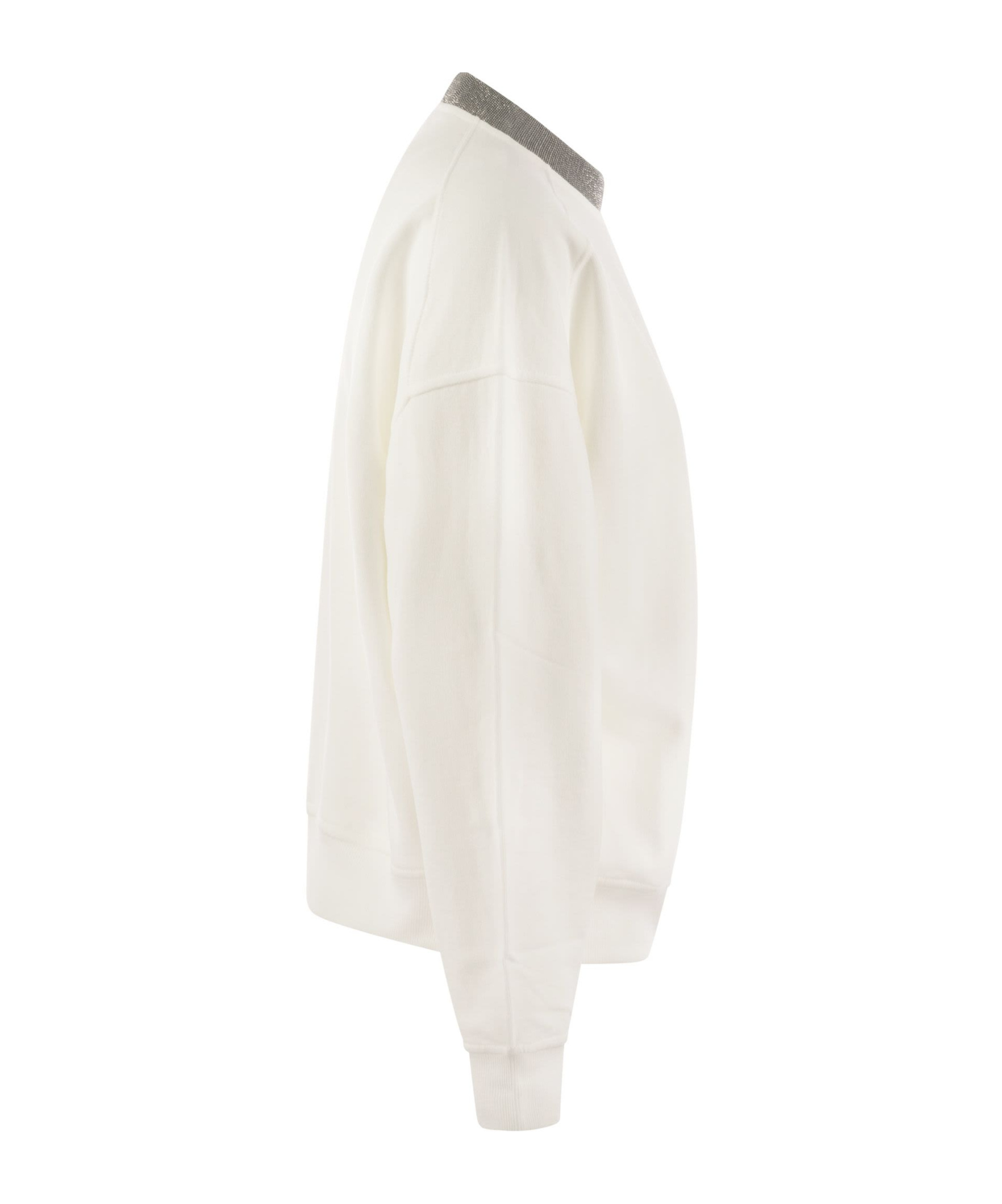 Brunello Cucinelli Women Smooth Cotton Fleece Topwear With Ribbed Collar Precious In White
