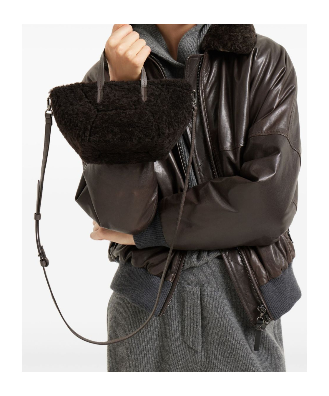 Brunello Cucinelli Duo Shearling Mini Shopper Tote Bag In Brown