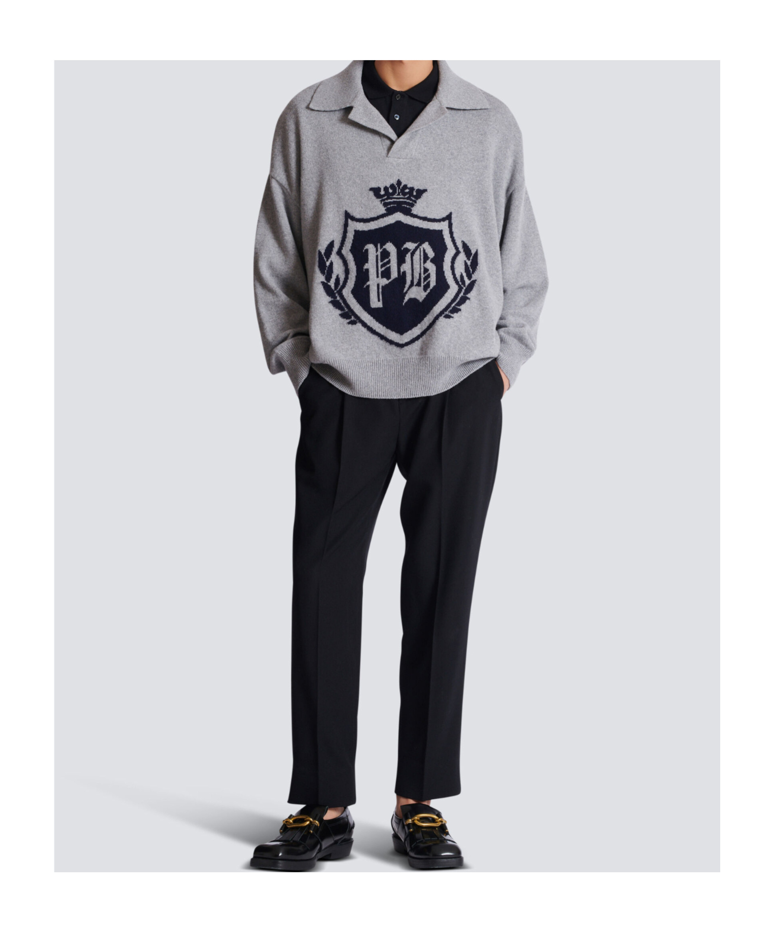 Balmain College Emblem Polo Sweater In Eco-cashmere In Gray