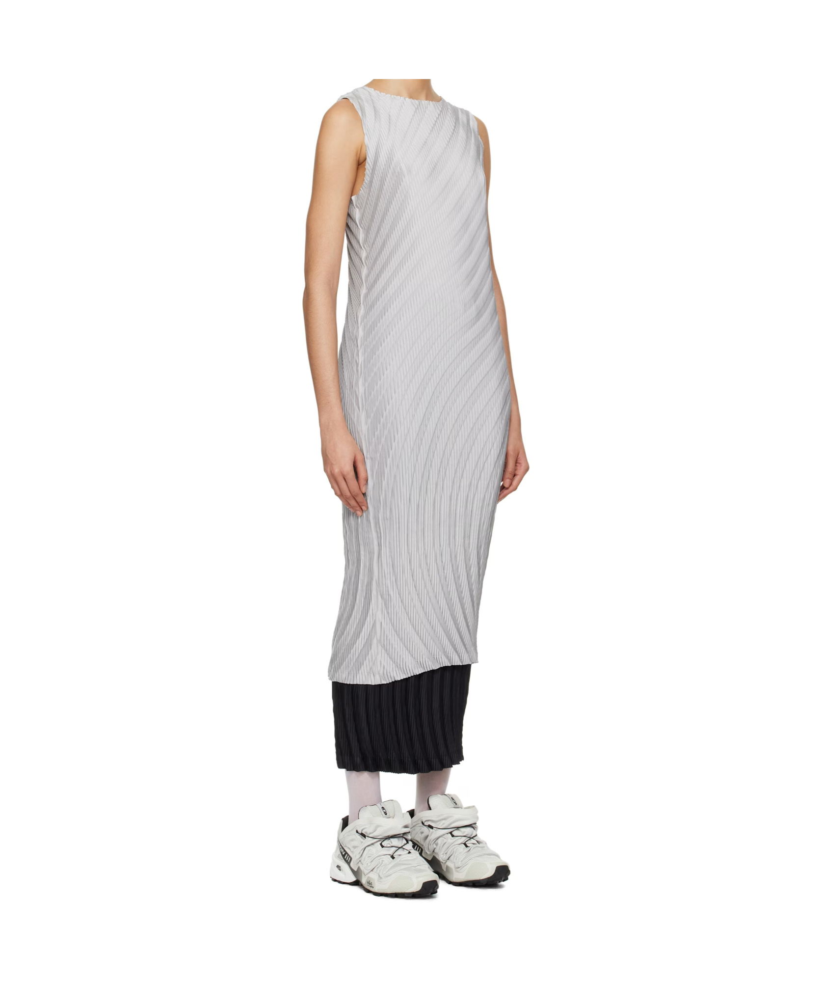 Issey Miyake Gray Nuance Pleats Solid Midi Dress In Grey