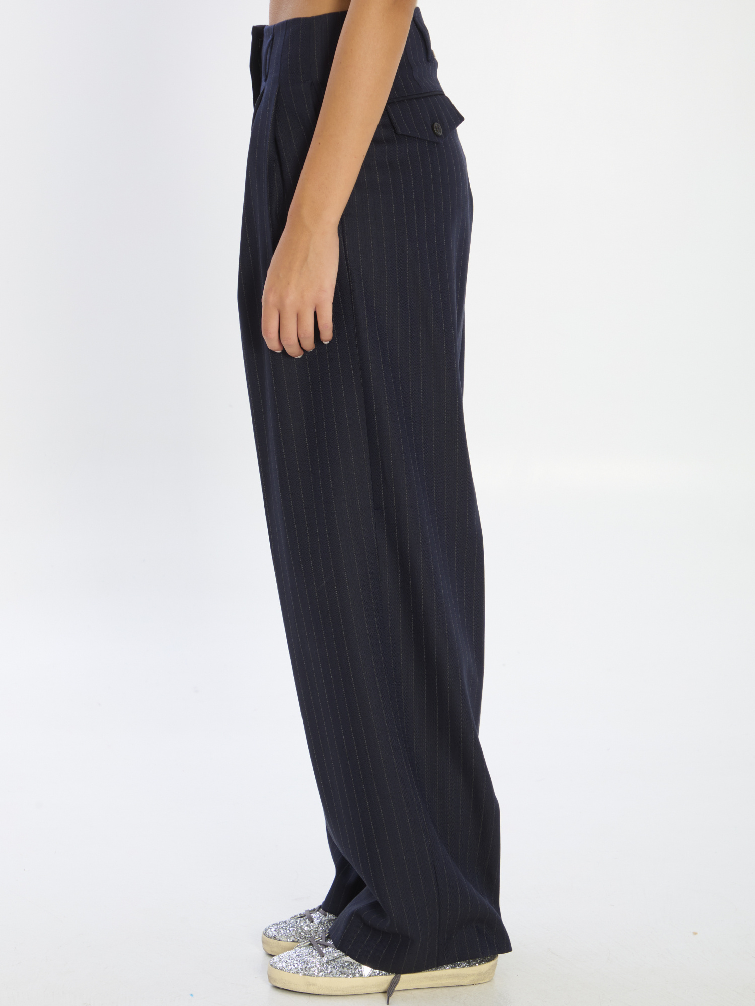 Golden Goose Sartorial Pleated Flavia Pants In Pinstripe Fabric In Black